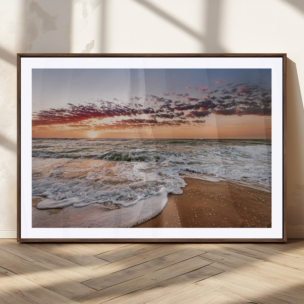 39846389-MGC-FP-36x24_Walnut-Ocean Sunset Wall Art Canvas Print – Framed Sandy Shore Gentle Waves Coastal Landscape Minimalist Artwork for Home, Office