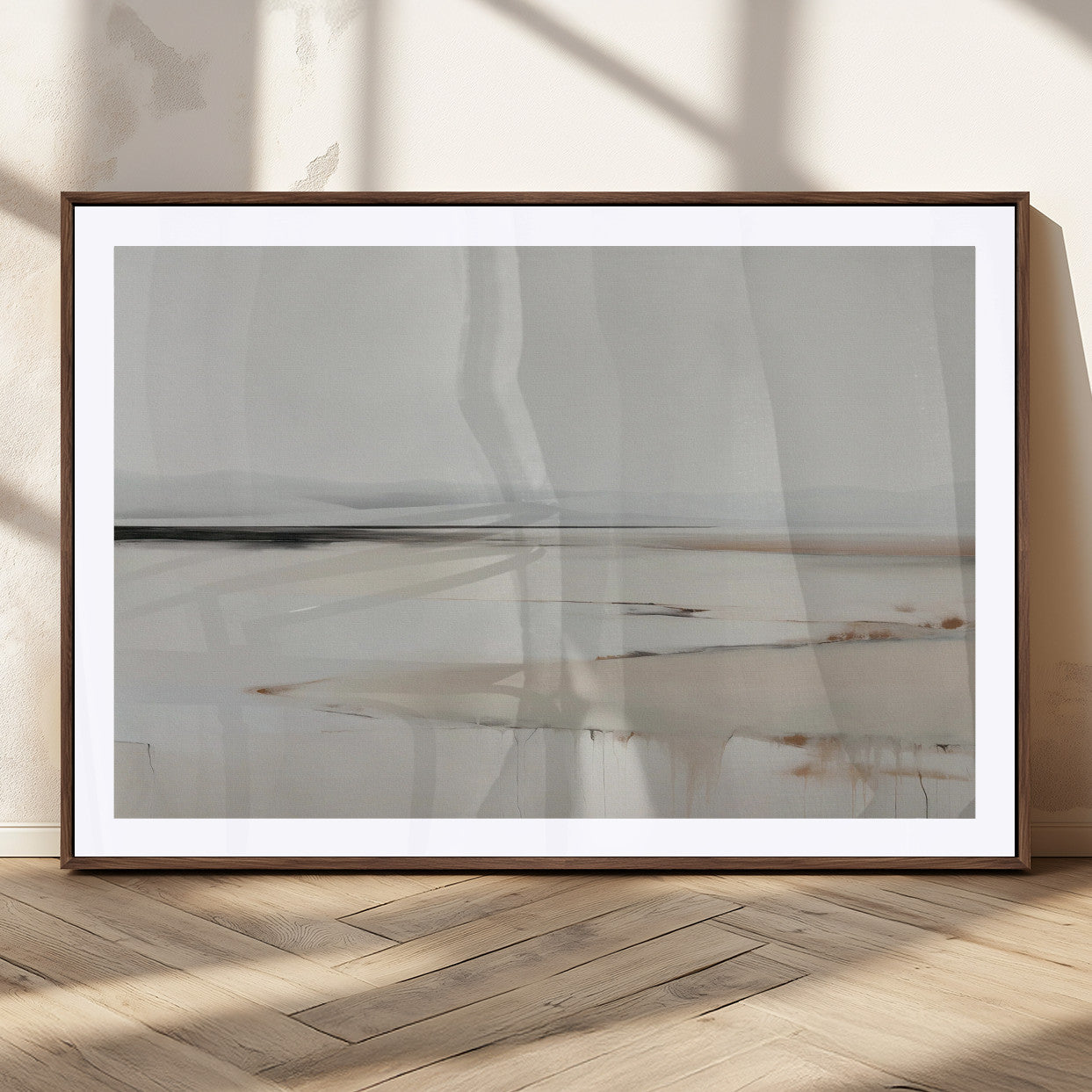 89410095-MGC-FP-36x24_Walnut-Minimalist Landscape Wall Art Canvas Print – Framed Soft Horizon Abstract Seascape Earthy Tones Artwork for Home Office
