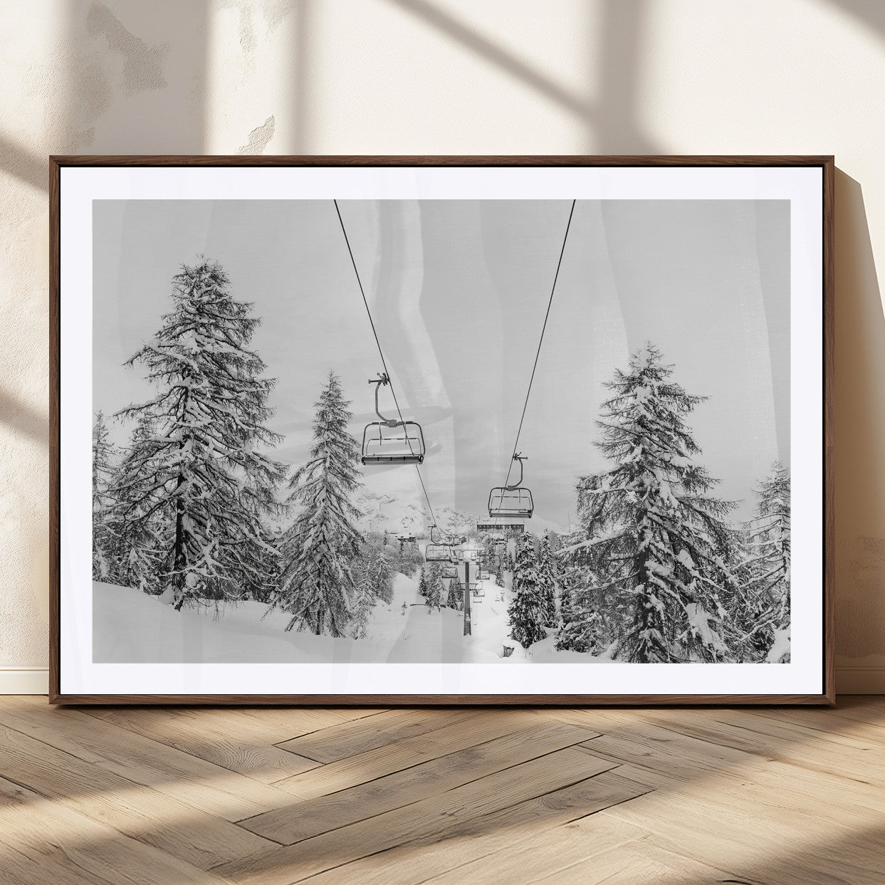 55003599-MGC-FP-36x24_Walnut-Snowy Ski Lift Wall Art – Framed Winter Forest Canvas Artwork, Peaceful Mountain Design, Modern Nature Decor for Home, Office