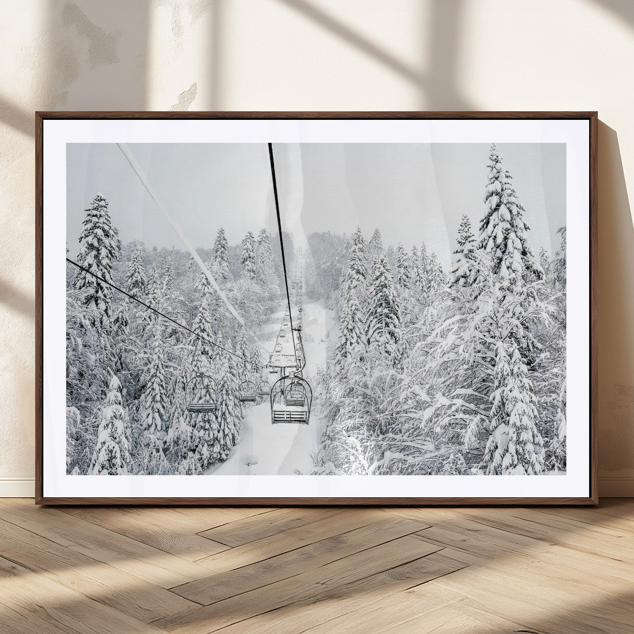60296839-MGC-FP-36x24_Walnut-Snowy Mountains Wall Art Canvas Print – Framed Ski Lift Winter Forest Alpine Landscape Nature Artwork for Home Office