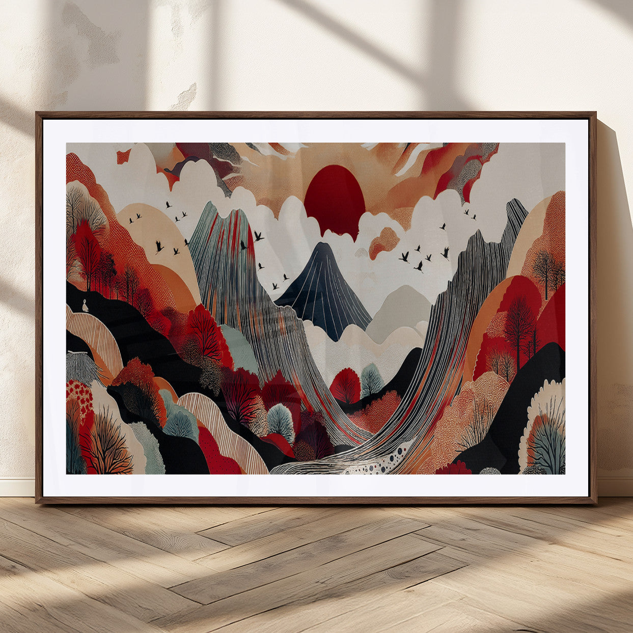 49034575-MGC-FP-36x24_Walnut-Abstract Mountain Wall Art Canvas Print – Vibrant Stylized Landscape Colorful Peaks Nature Artwork for Home Office