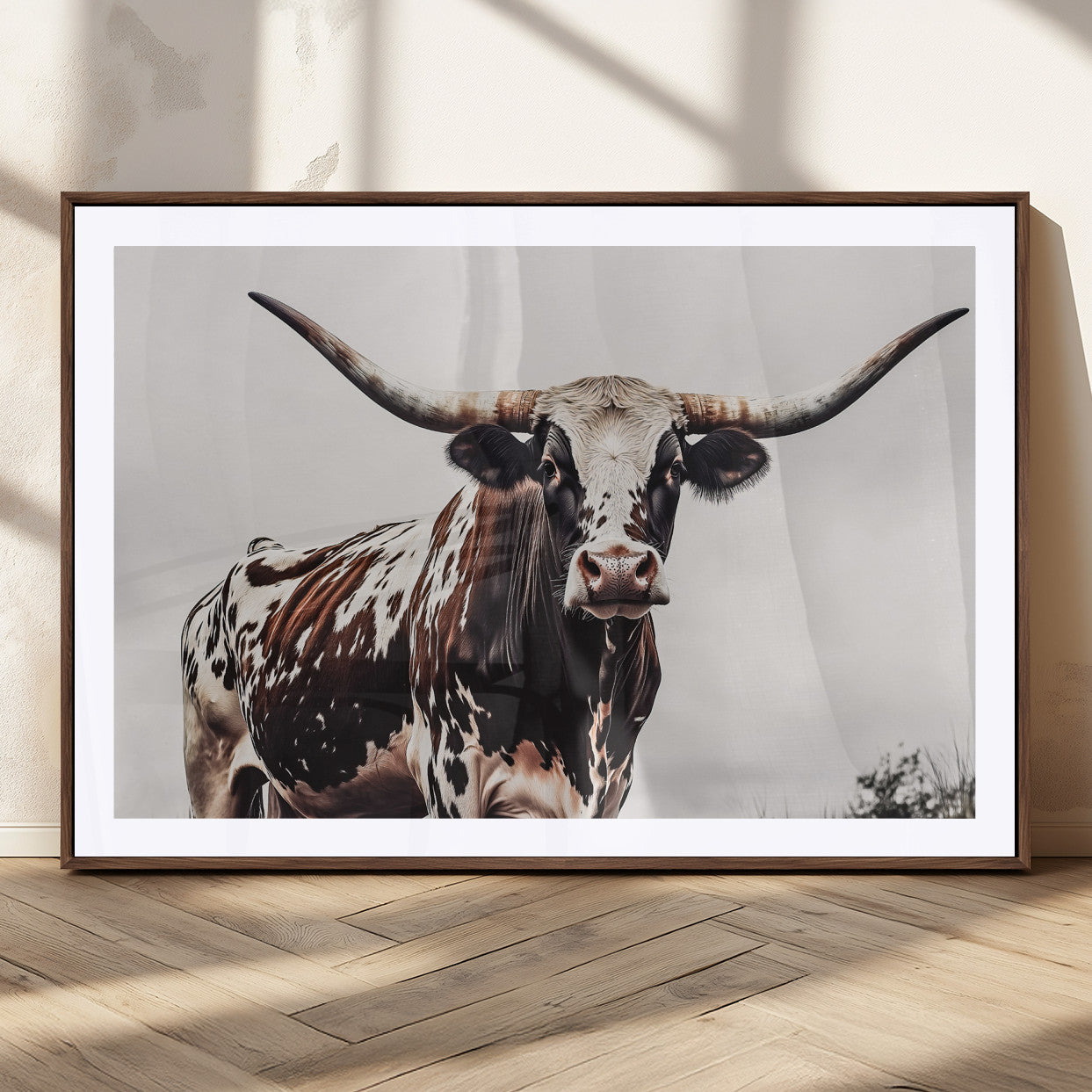 95249234-MGC-FP-36x24_Walnut-Texas Longhorn Wall Art Canvas Print – Framed Spotted Bull Scene with Horned Cattle Artwork for Home, Office