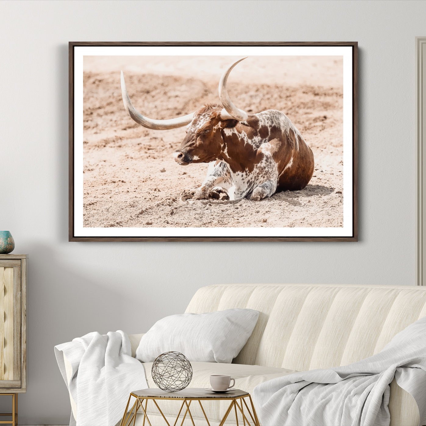 91248682-MGC-FP-36x24-Texas Longhorn Wall Art Canvas Print, Framed Resting Bull Art Picture Print, Spotted Cattle Perfect