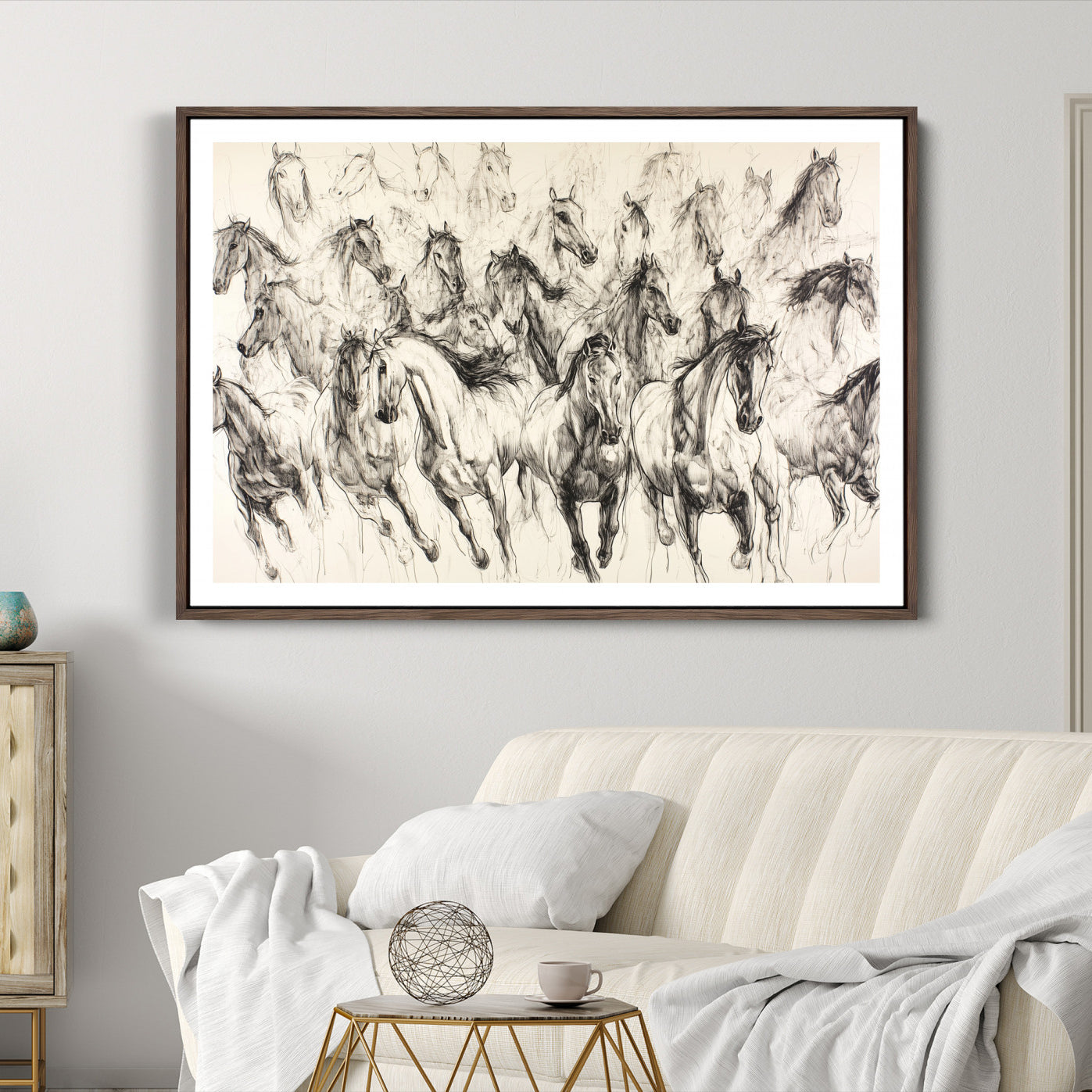 19433417-MGC-FP-36x24-Running Horses Wall Art Canvas Print – Framed Galloping Herd Dynamic Equestrian Sketch Nature Artwork for Home Office