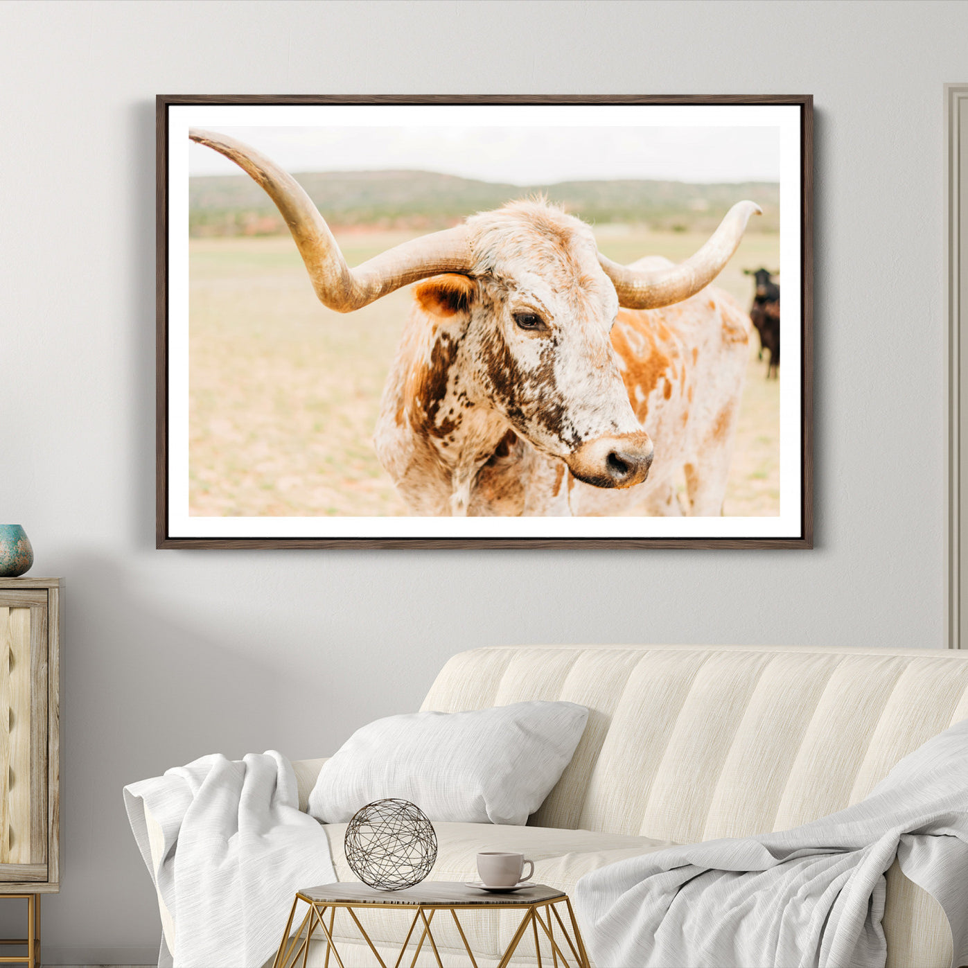 21060648-MGC-FP-36x24-Texas Longhorn Wall Art Canvas Print, Framed Speckled Cow Art Picture Print, Rustic Bull Perfect