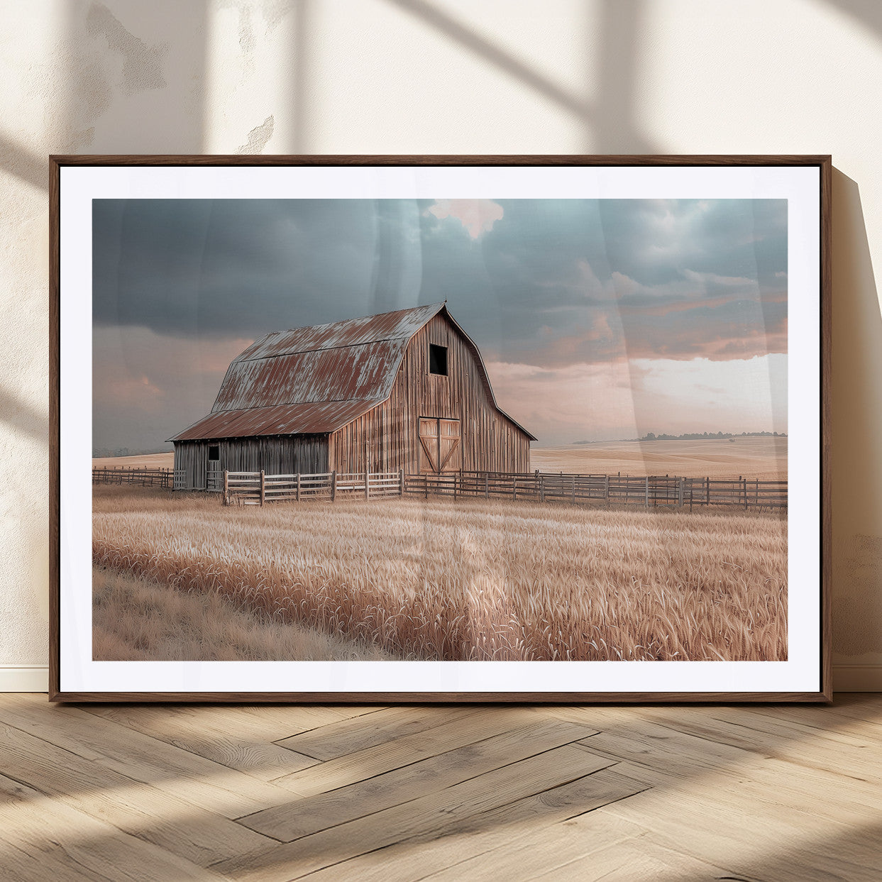36878364-MGC-FP-36x24_Walnut-Rustic Barn Wall Art Canvas Print – Framed Wheat Field Scene with Sunset Barn Artwork for Home, Office, Living Room