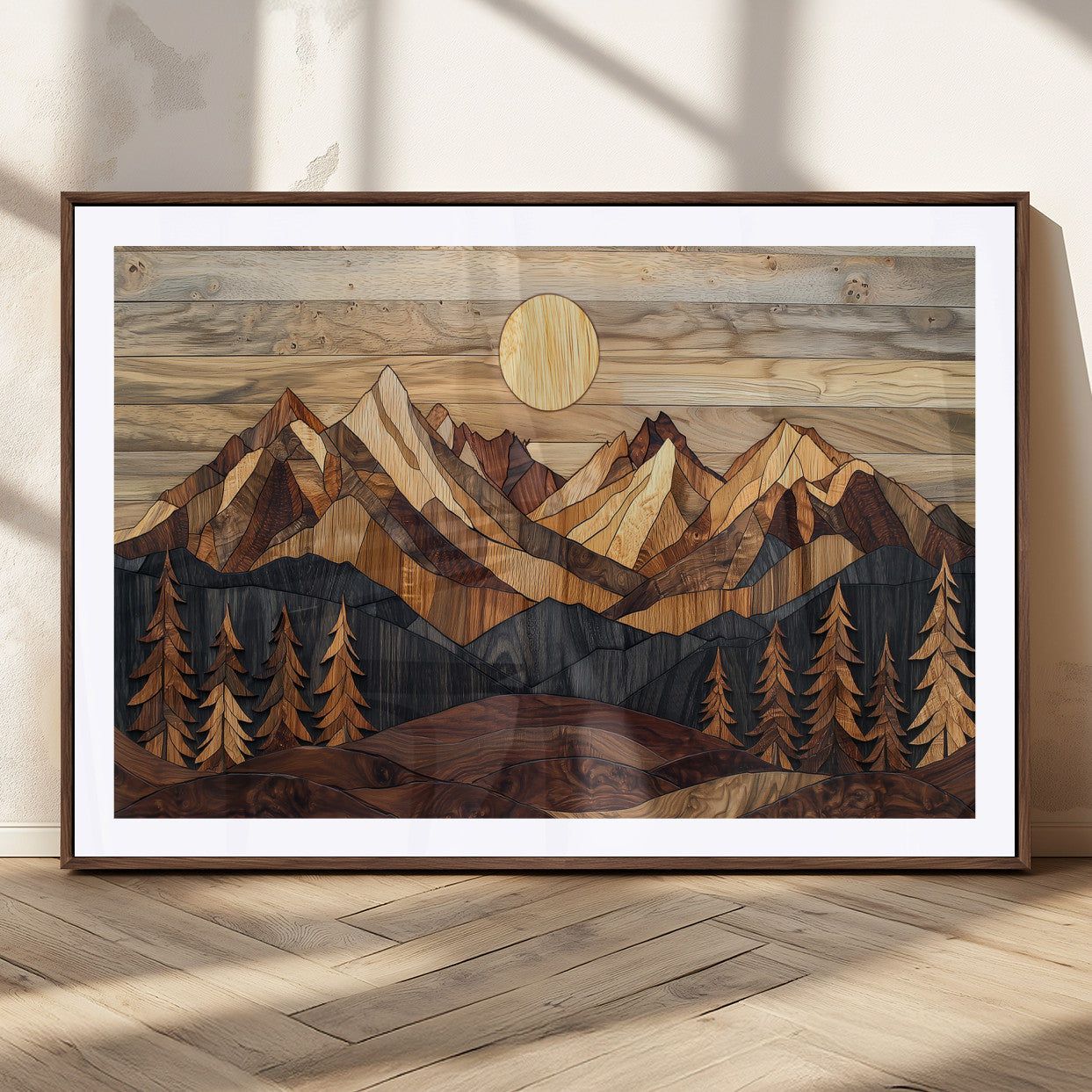 39116082-MGC-FP-36x24_Walnut-Wood Mountain Landscape Wall Art Canvas Print – Framed Sunset Hills Nature Artwork, Abstract Boho Decor for Home, Office