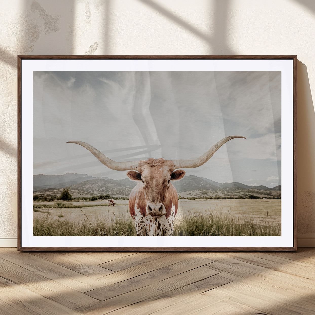 80054319-MGC-FP-36x24_Walnut-Texas Longhorn Wall Art Canvas Print – Framed Western Cow Scene with Rustic Farmhouse Artwork for Home, Office