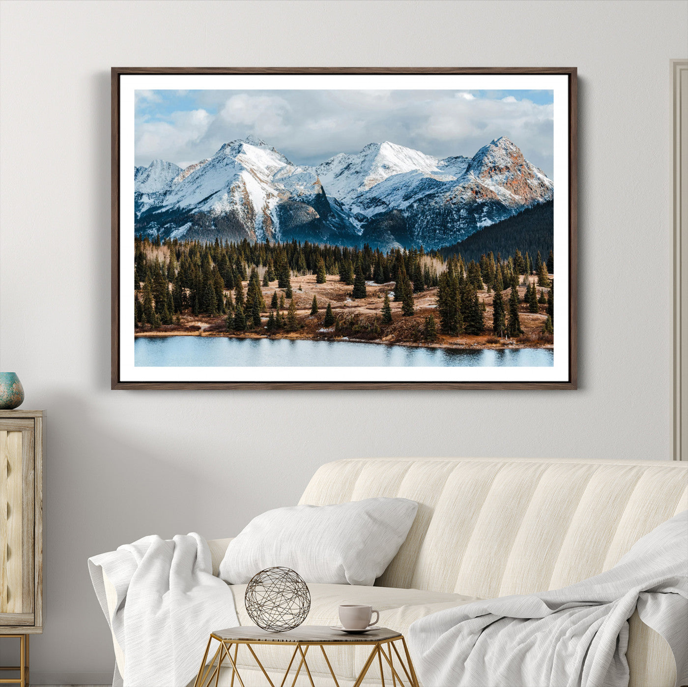 36247746-MGC-FP-36x24-Snowy Peaks Wall Art Canvas Print, Framed Alpine Lake Art Picture Print, Pine Forest Perfect Alpine