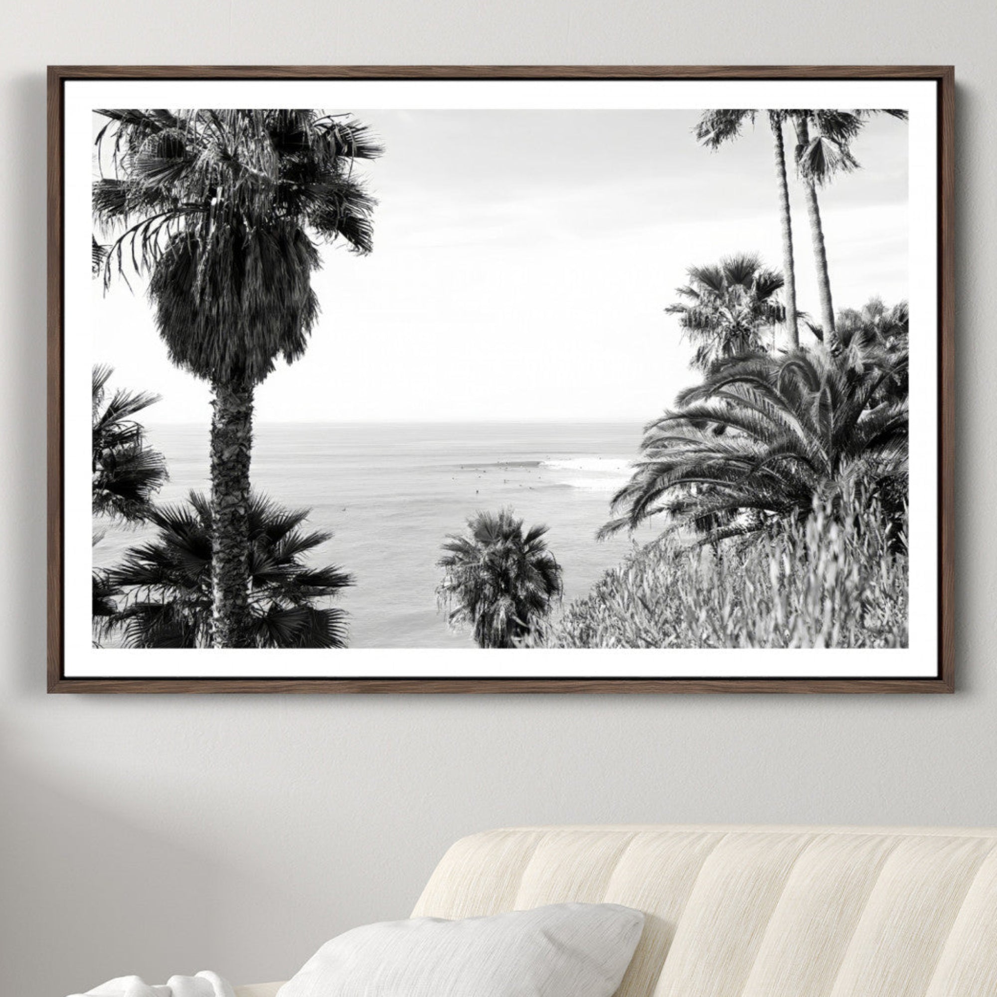 89458520-MGC-FP-36x24-Palm Trees Wall Art Canvas Print – Framed Coastal Ocean Horizon Monochrome Tropical Landscape Artwork for Home Office