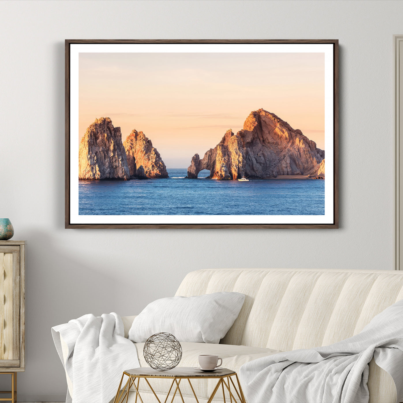 72996116-MGC-FP-36x24-El Arco Wall Art Canvas Print, Framed Cabo Rocks Art Picture Print, Ocean Arch Perfect Golden