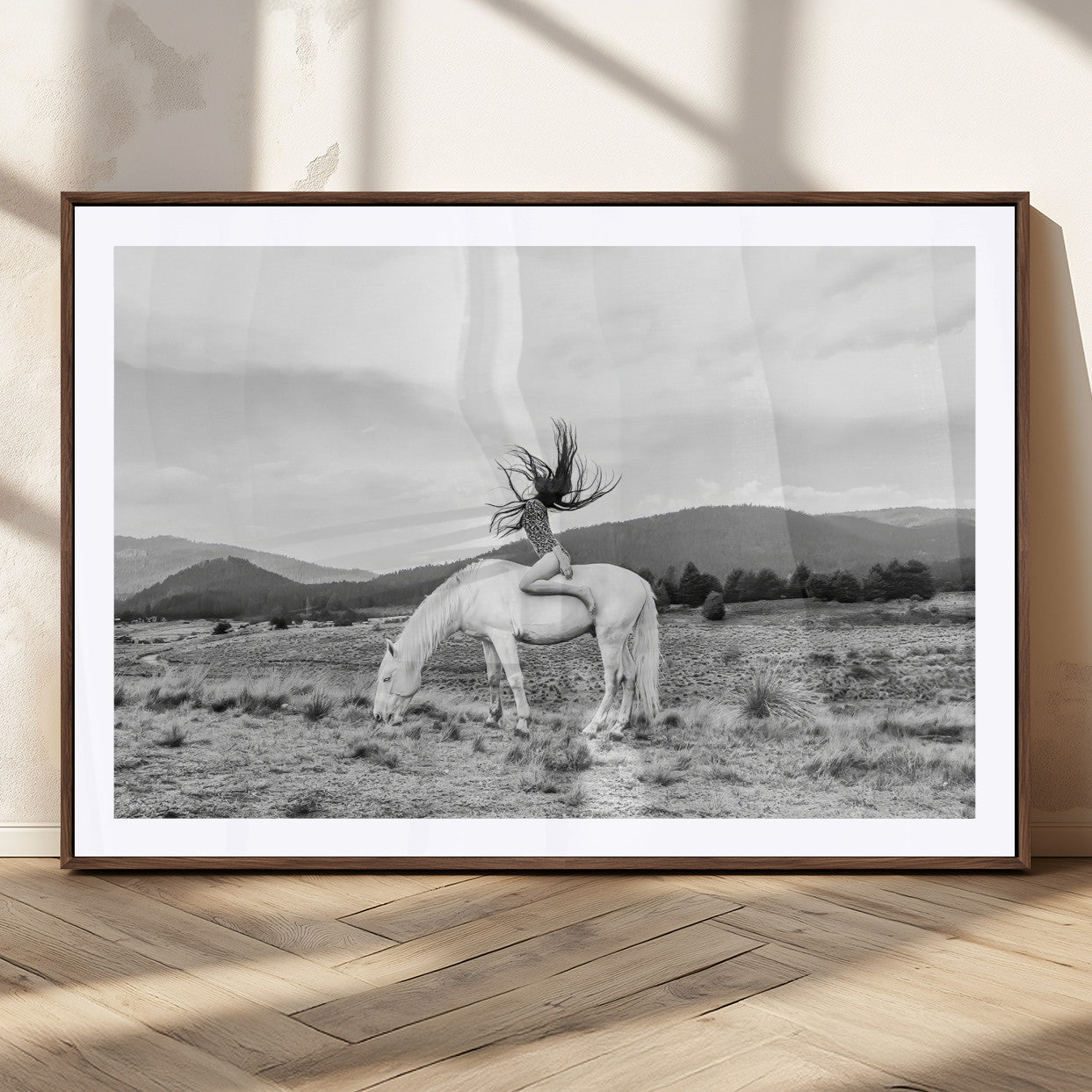 62789800-MGC-FP-36x24_Walnut-White Horse Wall Art Canvas Print – Framed Woman Rider Equestrian Pose Western Boho Elegant Artwork for Home Office