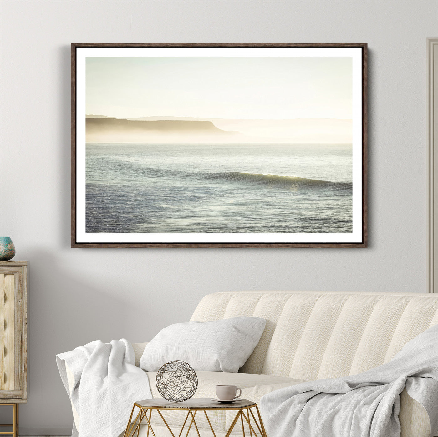 39310633-MGC-FP-36x24-Coastal Cliffs Wall Art Canvas Print, Framed Misty Ocean Art Picture Print, Soft Morning Perfect