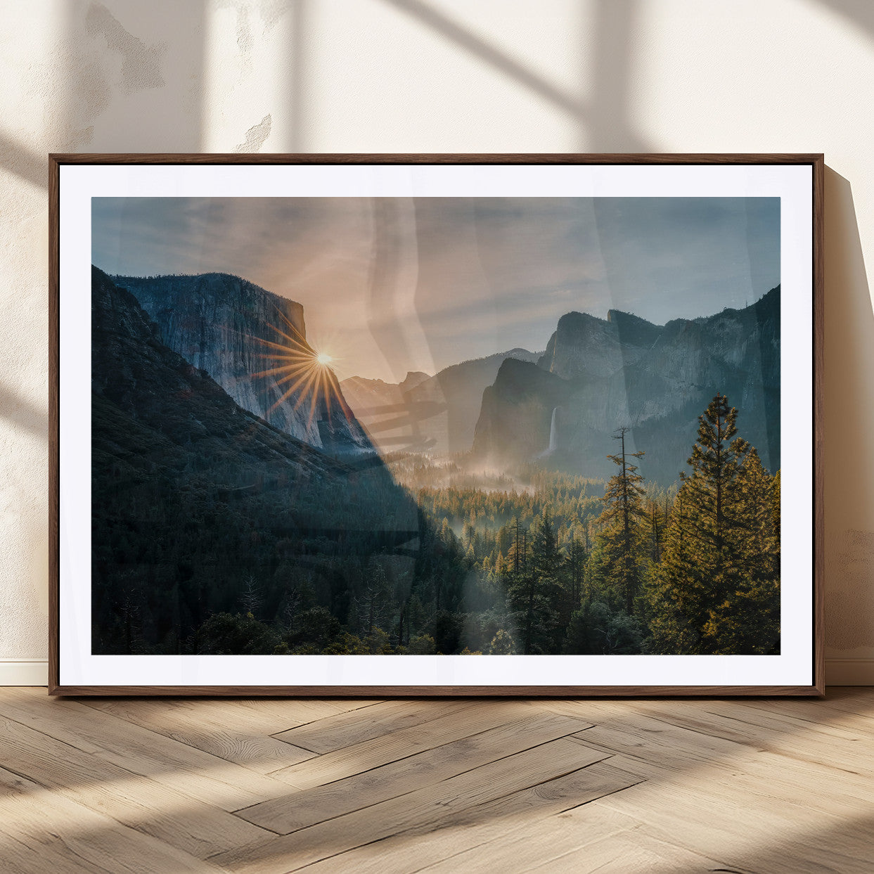 51605481-MGV-CV-36X24 - Yosemite Valley Wall Art – Misty Forest Peaks Canvas Print, Radiant Light, Tranquil Nature Landscape for Living Room or Cabin Decor