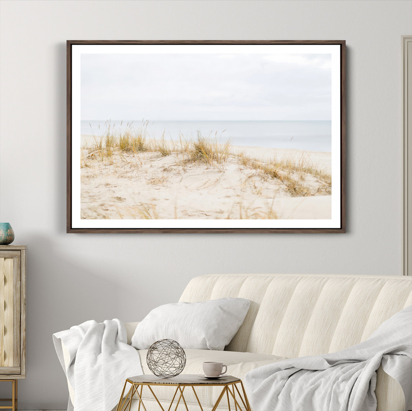 13146857-MGC-FP-36x24-Beach Dunes Wall Art Canvas Print, Framed Coastal Grass Art Picture Print, Sand Perfect Minimalist