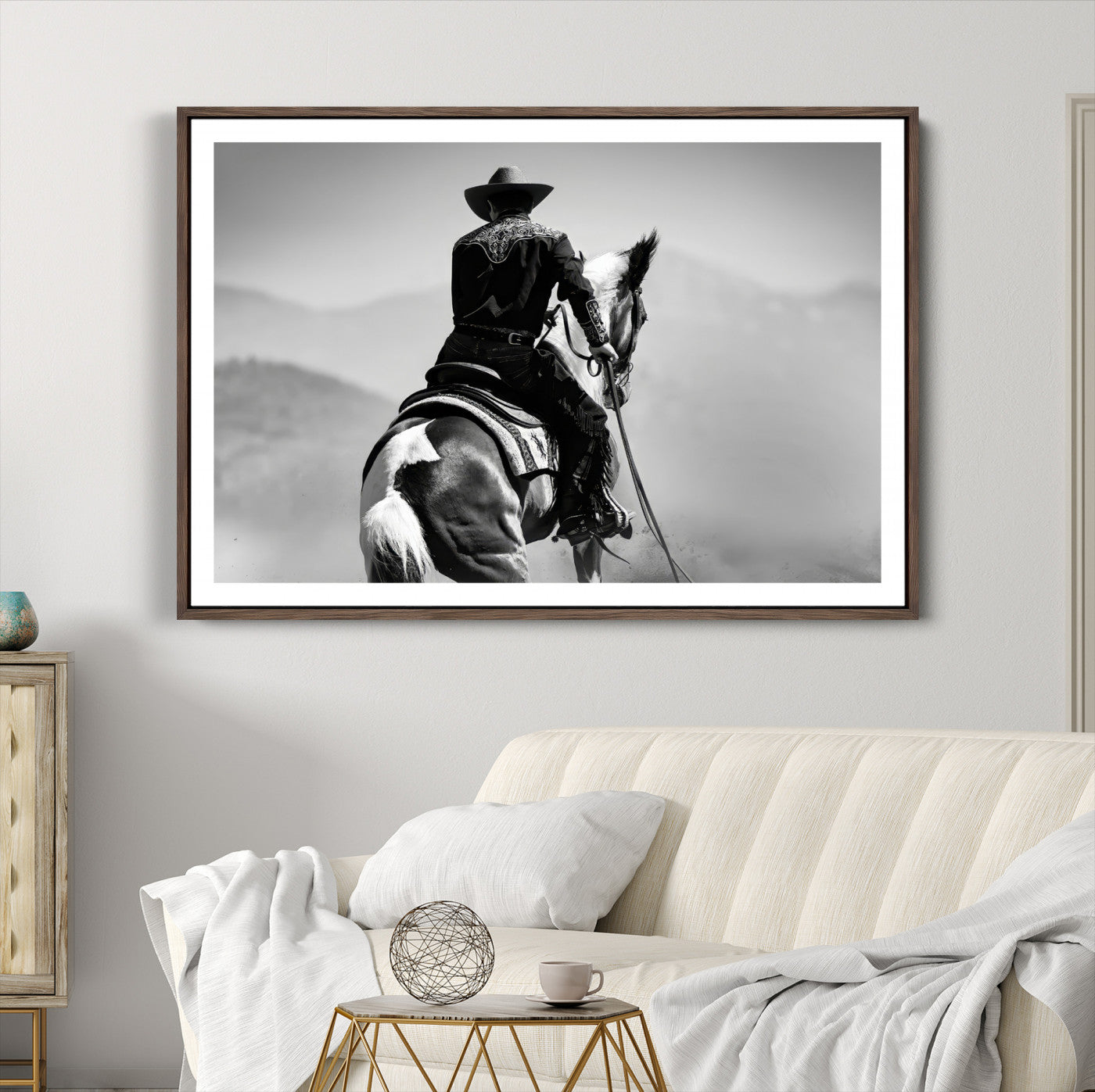 83102464-MGC-FP-36x24-Western Wall Art Canvas Print – Framed Cowboy and Horse Scene Artwork for Rustic Western Home, Office Decor