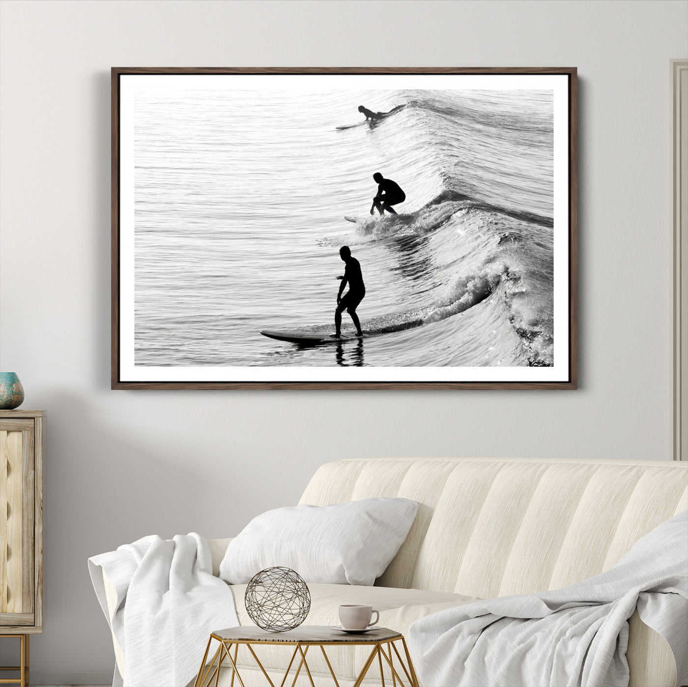 19875284-MGC-FP-36x24-Surfers on Waves Wall Art Canvas Print, Framed Black White Surf Art Picture Print, Monochrome Ocean