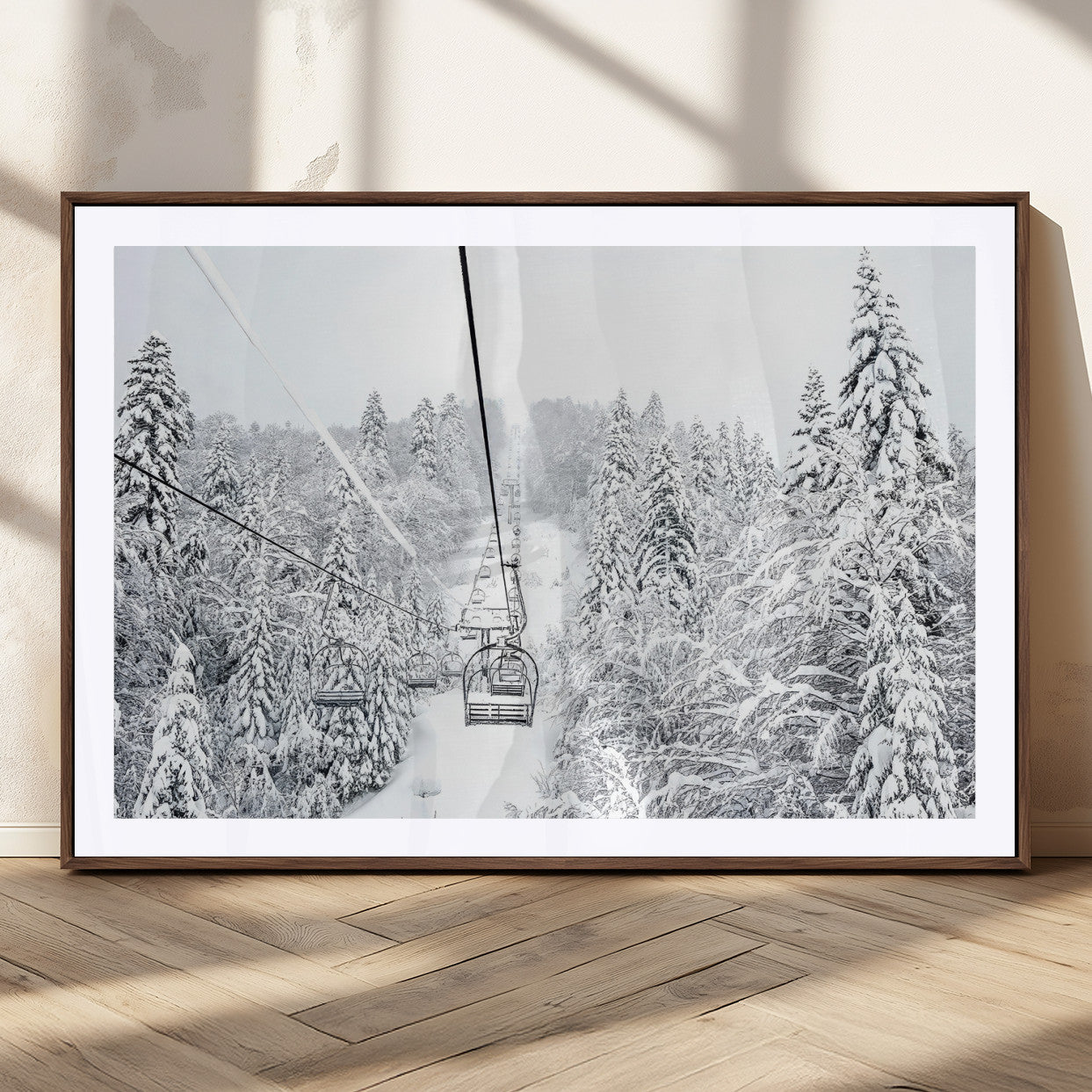 44705668-MGC-FP-36x24_Walnut-Snowy Ski Lift Wall Art – Framed Winter Mountain Canvas Artwork, Serene Forest Design, Modern Nature Decor for Home, Office