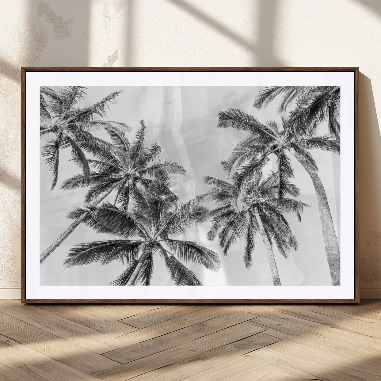 62113786-MGC-FP-36x24_Walnut-Black and White Palm Wall Art Canvas Print – Monochrome Tropical Beach Minimalist Coastal Artwork for Home, Office