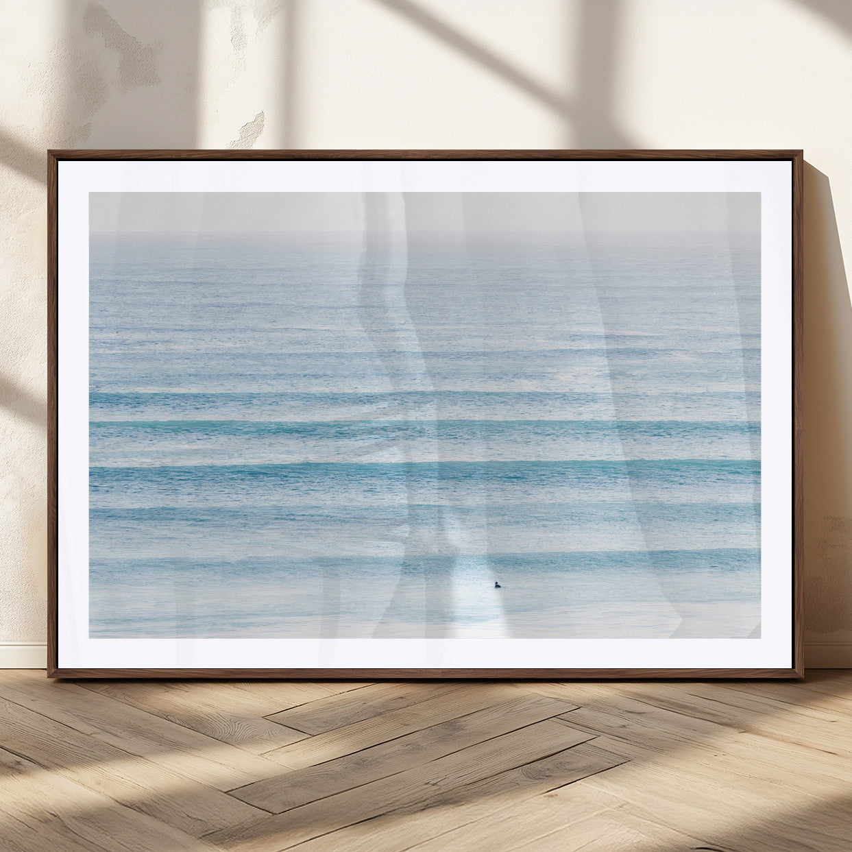 77145995-MGC-FP-36x24_Walnut-Ocean Wave Surfer Wall Art – Framed Minimal Seascape Canvas Artwork, Calm Blue Water Design, Coastal Decor for Home, Office