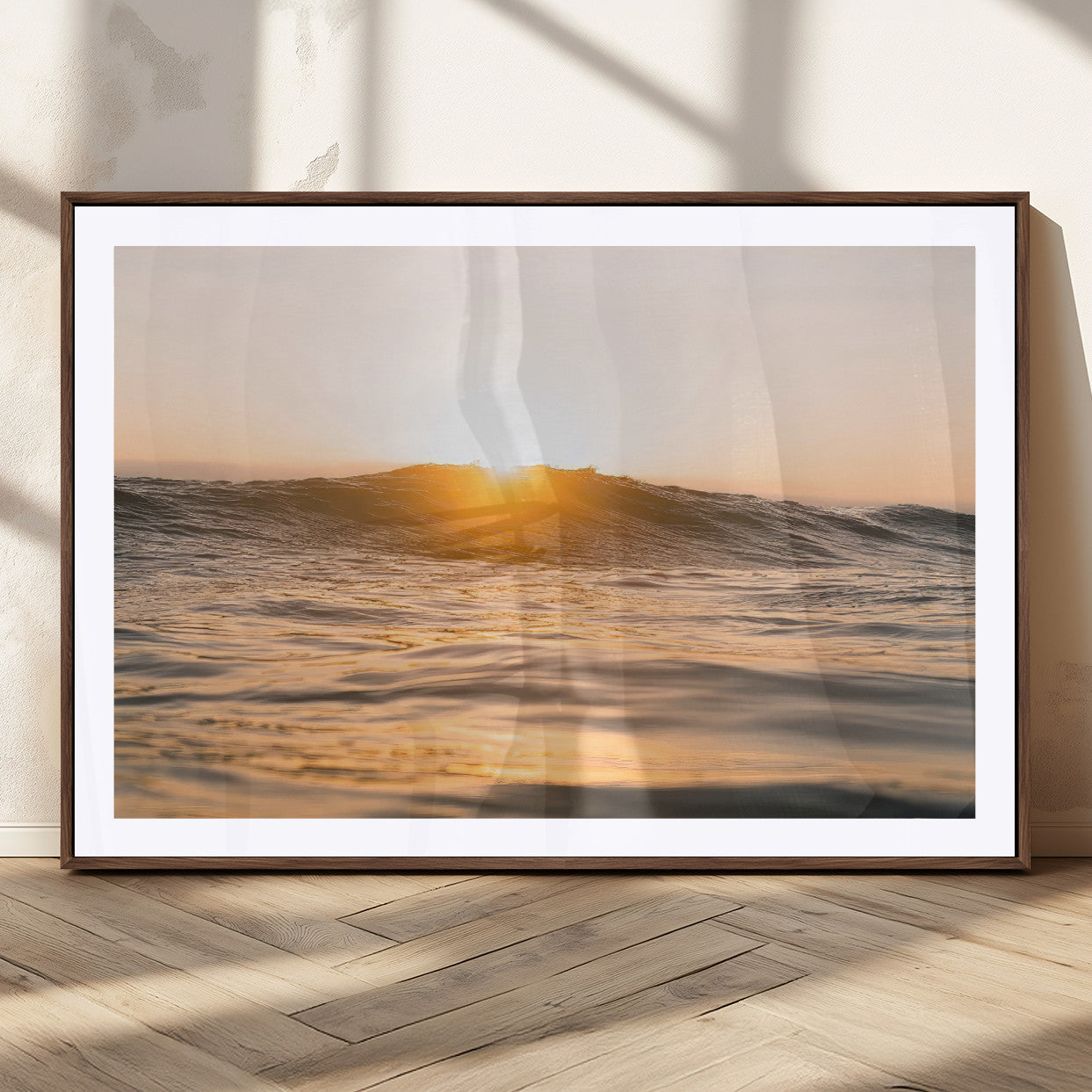 16973771-MGC-FP-36x24_Walnut-Calm Water Wall Art – Framed Sunset Waves Canvas Artwork, Coastal Warm Design, Minimal Ocean Decor for Home, Office