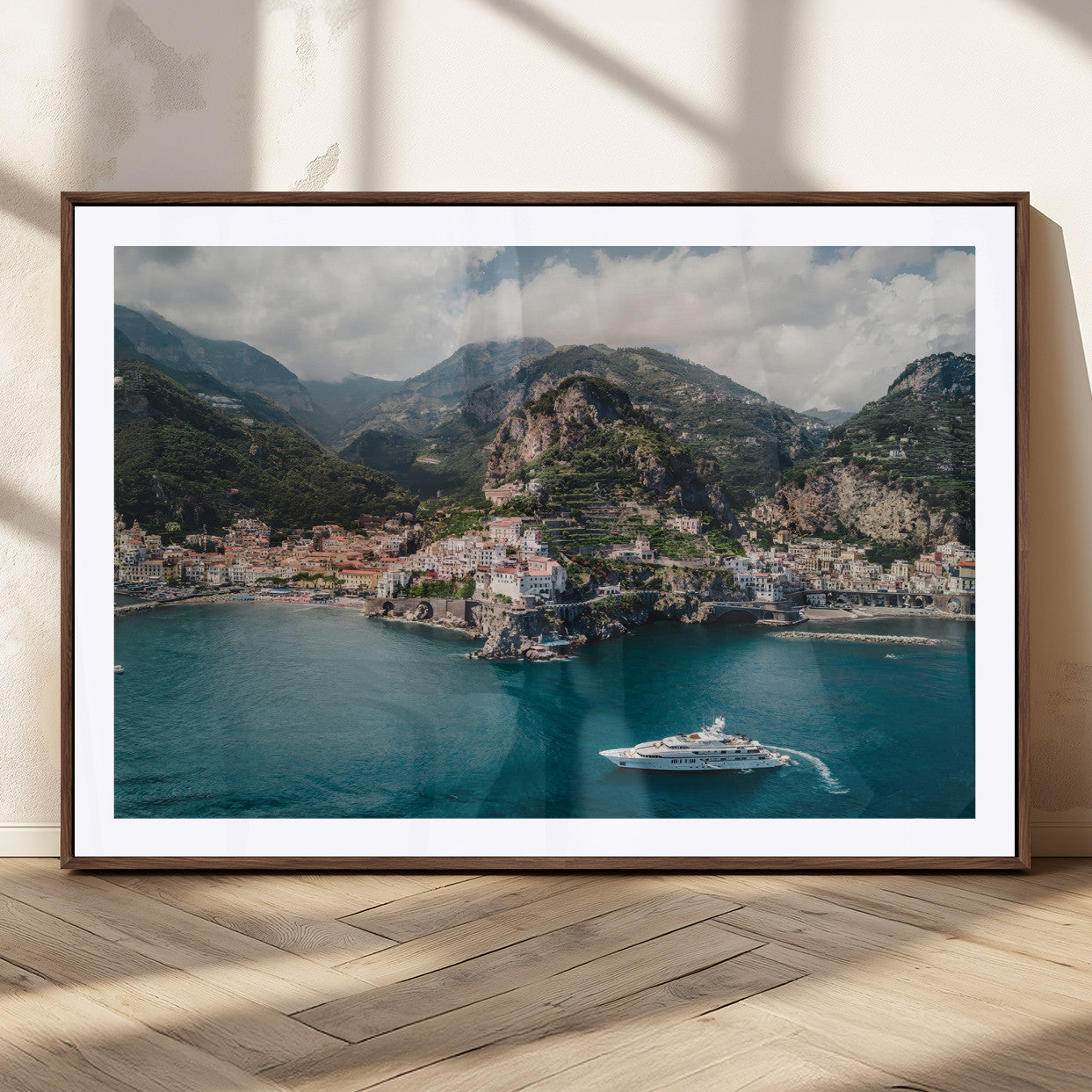 20321590-MGC-FP-36x24_Walnut-Amalfi Coast Wall Art – Framed Italian Seaside Canvas Artwork, Mediterranean Landscape Design, Coastal Decor for Home, Office