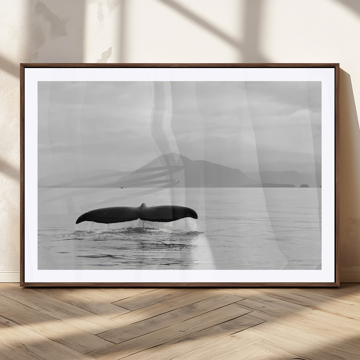 MGC-FP-36x24 - Whale Tail Wall Art Canvas Print, Framed Black White Ocean Art Picture Print, Calm Marine Perfect Minimalist Coastal Decor Artwork
