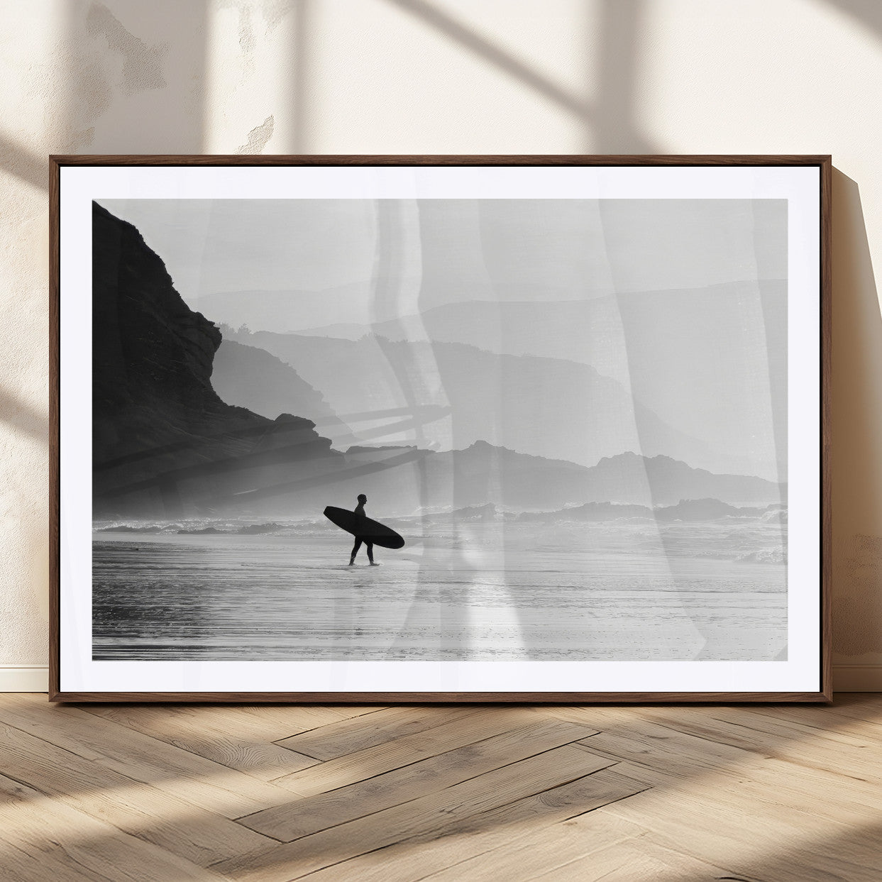 MGC-FP-36x24 - Surfer In Fog Wall Art Canvas Print, Framed Moody Shoreline Art Picture Print, Cliffside Waves Perfect Minimalist Coastal Decor Artwork
