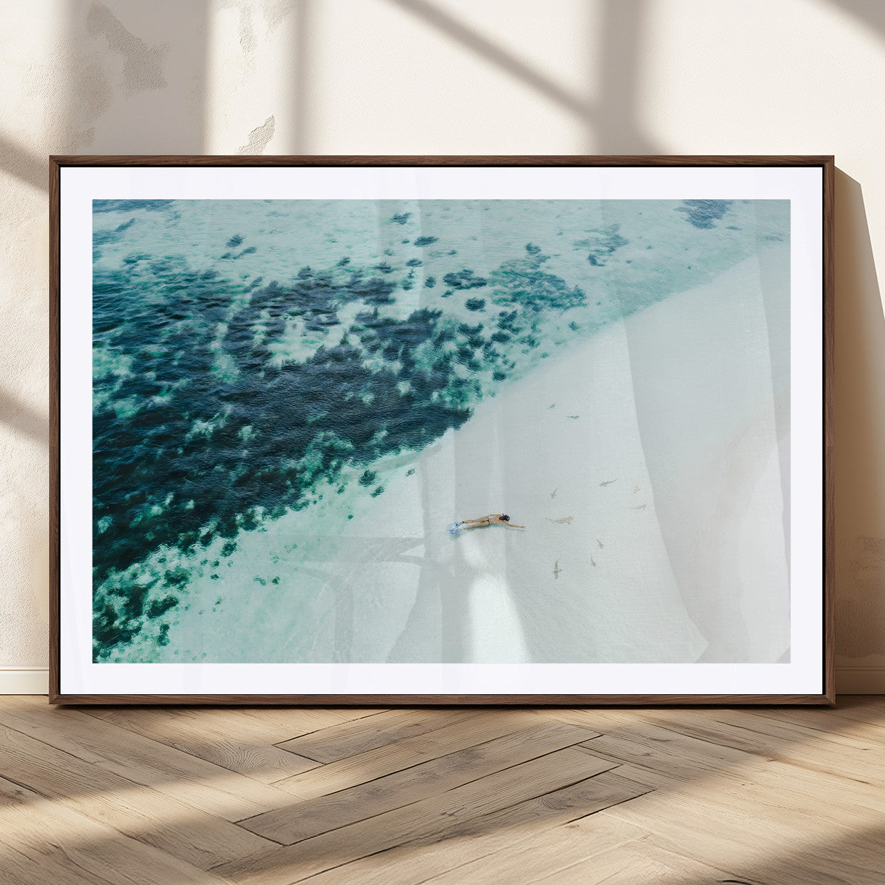 33764764-MGC-FP-36x24_Walnut-Minimal Beach Wall Art – Framed Ocean Swimming Canvas Artwork, Clear Blue Sea Design, Modern Coastal Decor for Home, Office