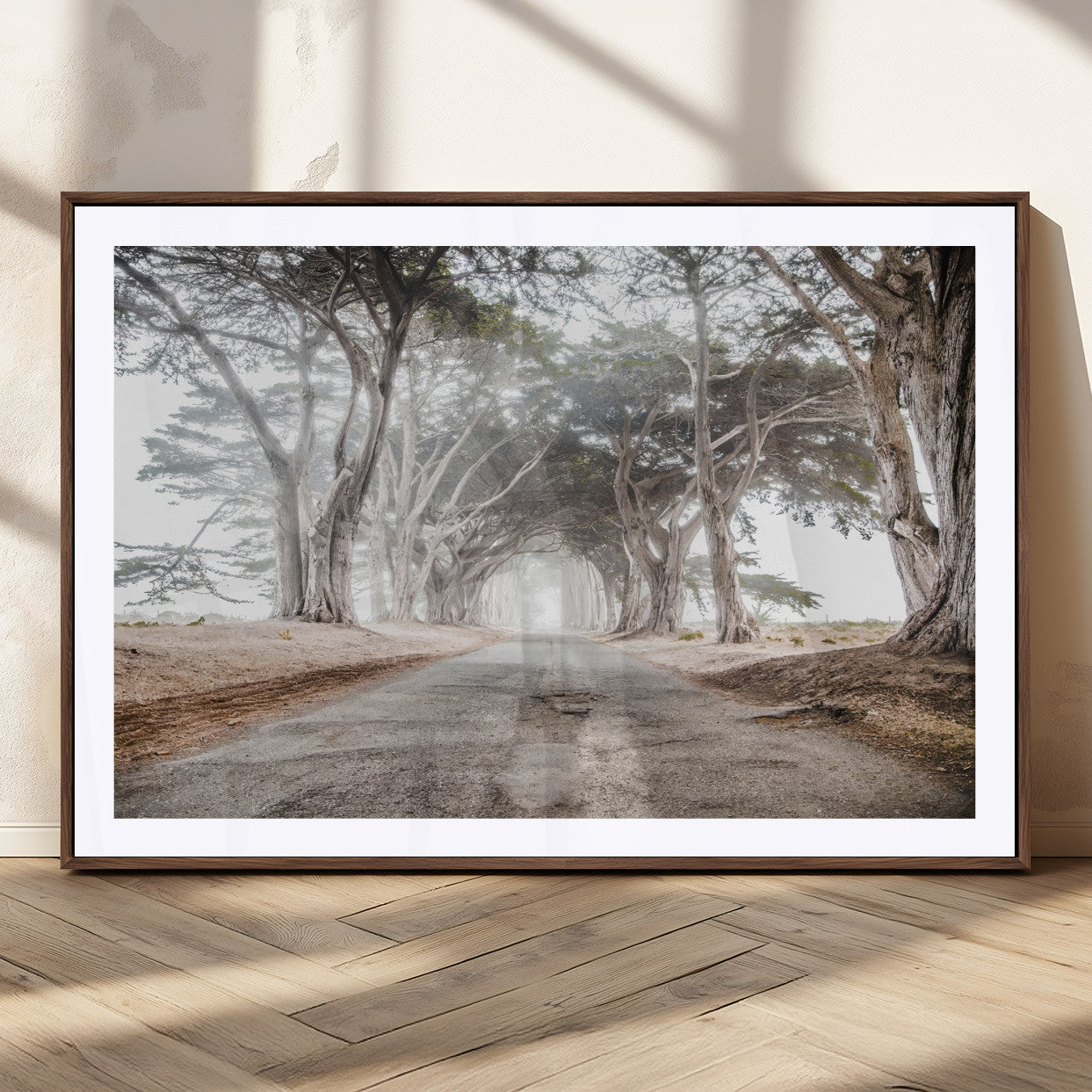 87090469-MGC-FP-36x24_Walnut-Cypress Tunnel Wall Art – Framed Misty Road Canvas Artwork, Foggy Trees Design, Rustic Woodland Nature Decor for Home, Office