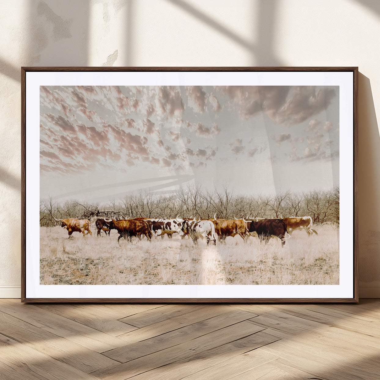64892775-MGC-FP-36x24_Walnut-Longhorn Cattle Wall Art Canvas Print – Framed Texas Ranch Scene with Western Cow Artwork for Home, Office
