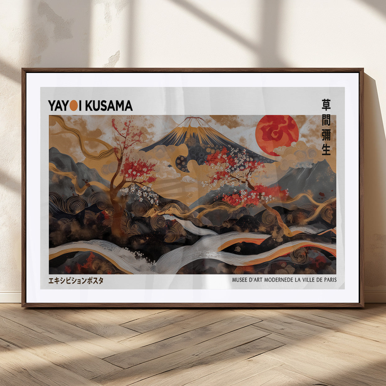 40959107-MGC-FP-36x24_Walnut-Modern Japanese Wall Art Canvas Print – Framed Abstract Mount Fuji Scene Inspired Yayoi Kusama for Home, Office