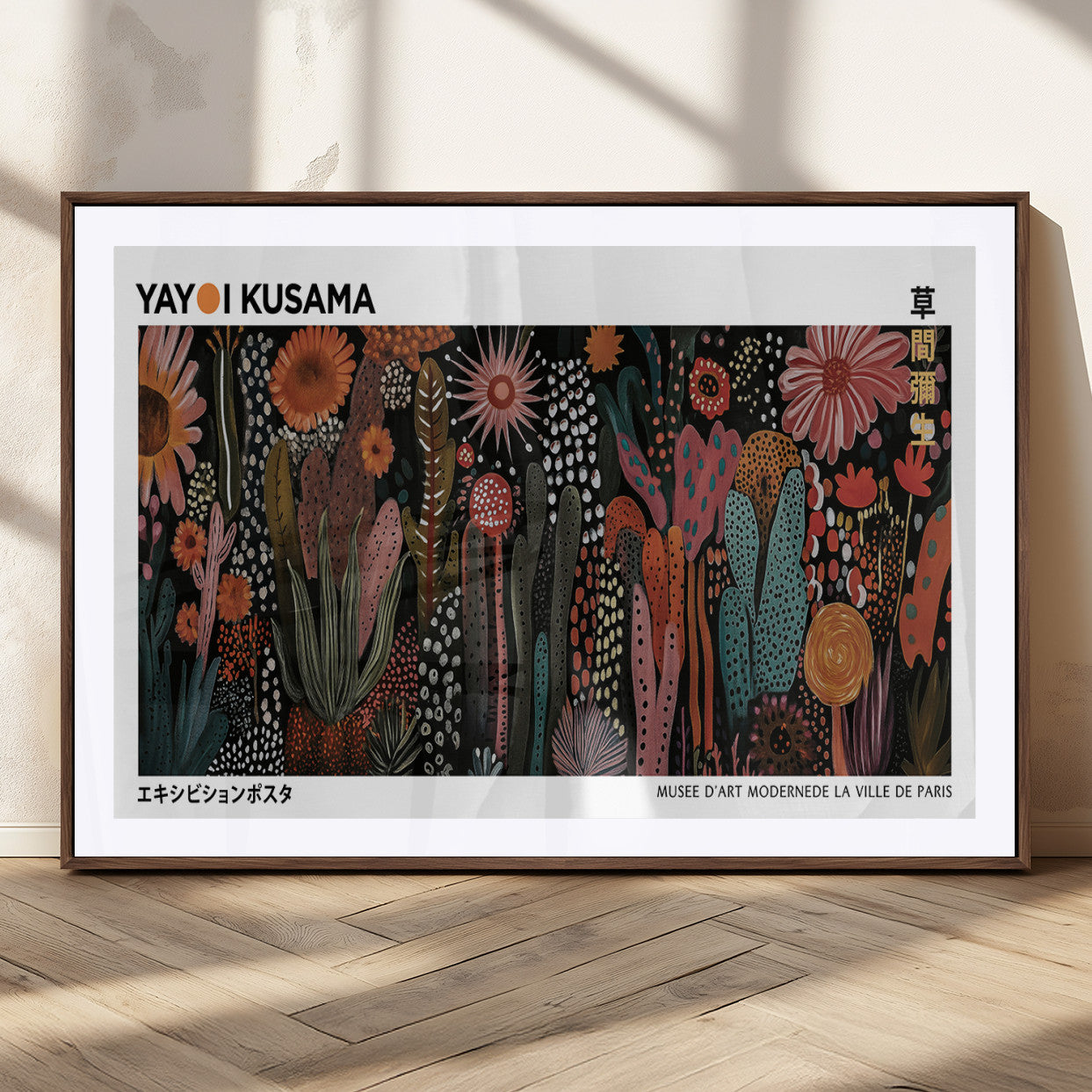 70632622-MGC-FP-36x24_Walnut-Modern Japanese Wall Art Canvas Print – Framed Abstract Mount Fuji Scene with Yayoi Kusama Artwork for Home, Office