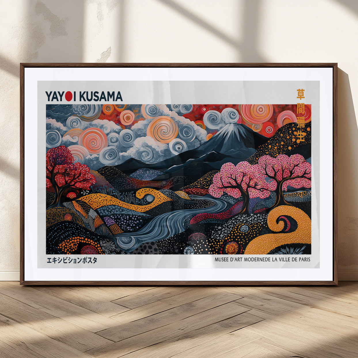 43879290-MGC-FP-36x24_Walnut-Modern Japanese Wall Art Canvas Print – Framed Abstract Mount Fuji Scene with Yayoi Kusama Artwork for Home, Office