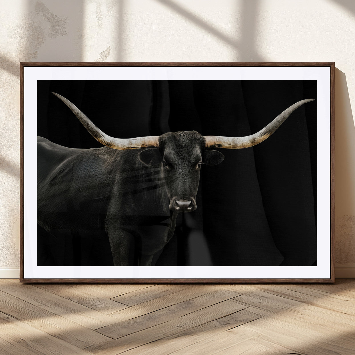 23572907-MGC-FP-36x24_Walnut-Texas Longhorn Wall Art Canvas Print, Framed Rustic Western Art Picture Print, Farmhouse Animal Perfect Modern Western Minimalist Decor Artwork