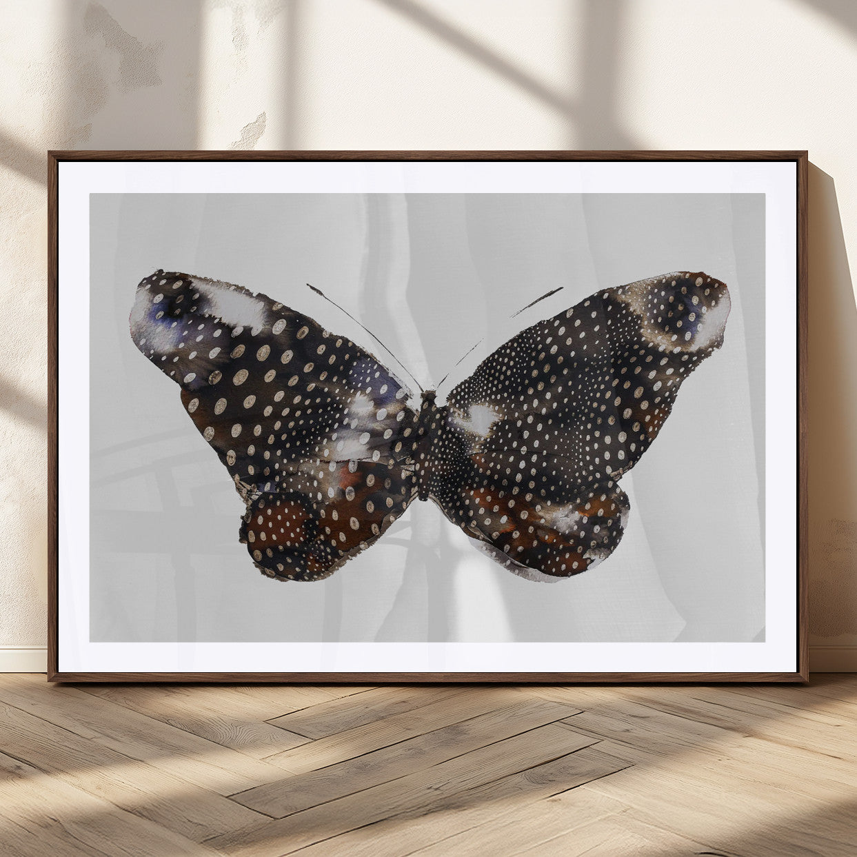 99831147-MGC-FP-36x24_Walnut-Spotted Butterfly Wall Art Canvas Print – Framed Neutral Insect Earthy Wing Pattern Modern Rustic Nature Artwork for Home Office