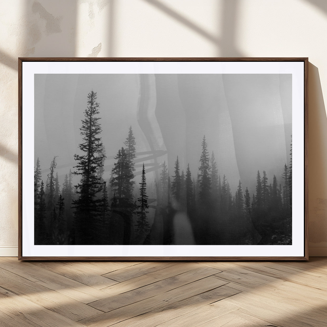 73138900-MGC-FP-36x24_Walnut-Misty Pines Wall Art Canvas Print – Framed Woodland Minimalist Rustic Nature Scene Photography Artwork for Home Office