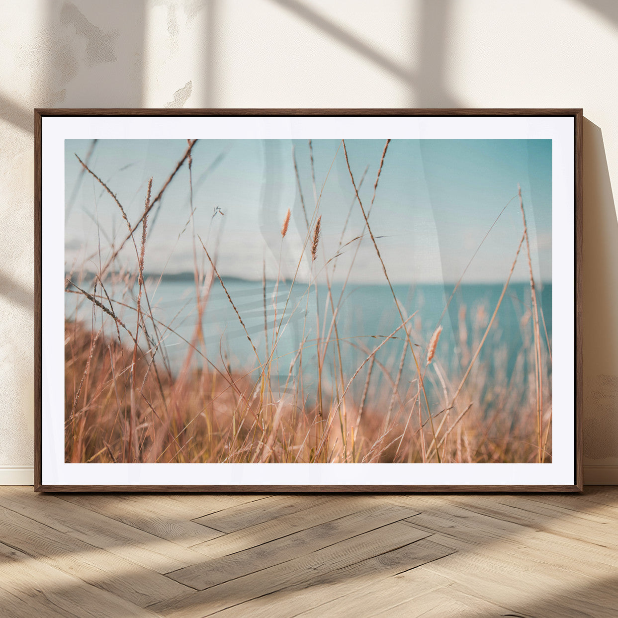 36108696-MGC-FP-40x30_Walnut-Golden Beach Grass Ocean Breeze Soft Focus Tranquil Coastal Calm Blue Sky Seascape Nature Wall Art Canvas Print