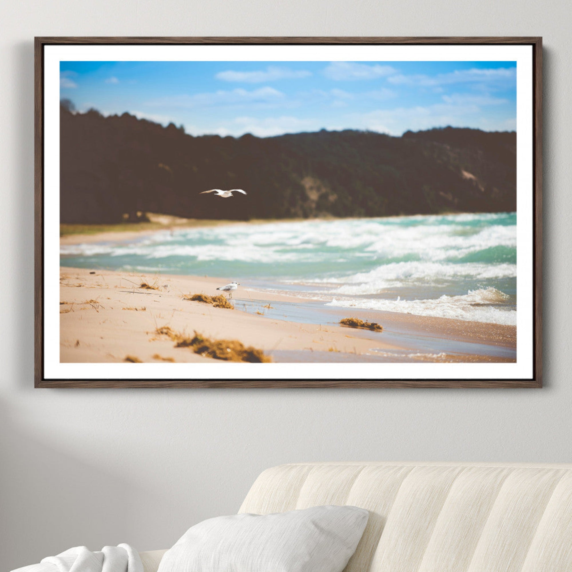 84260965-MGC-FP-36x24-Tranquil Beach Scene Wall Art Canvas Print – Framed Blue Ocean Waves Sandy Shore Coastal Nature Artwork for Home Office