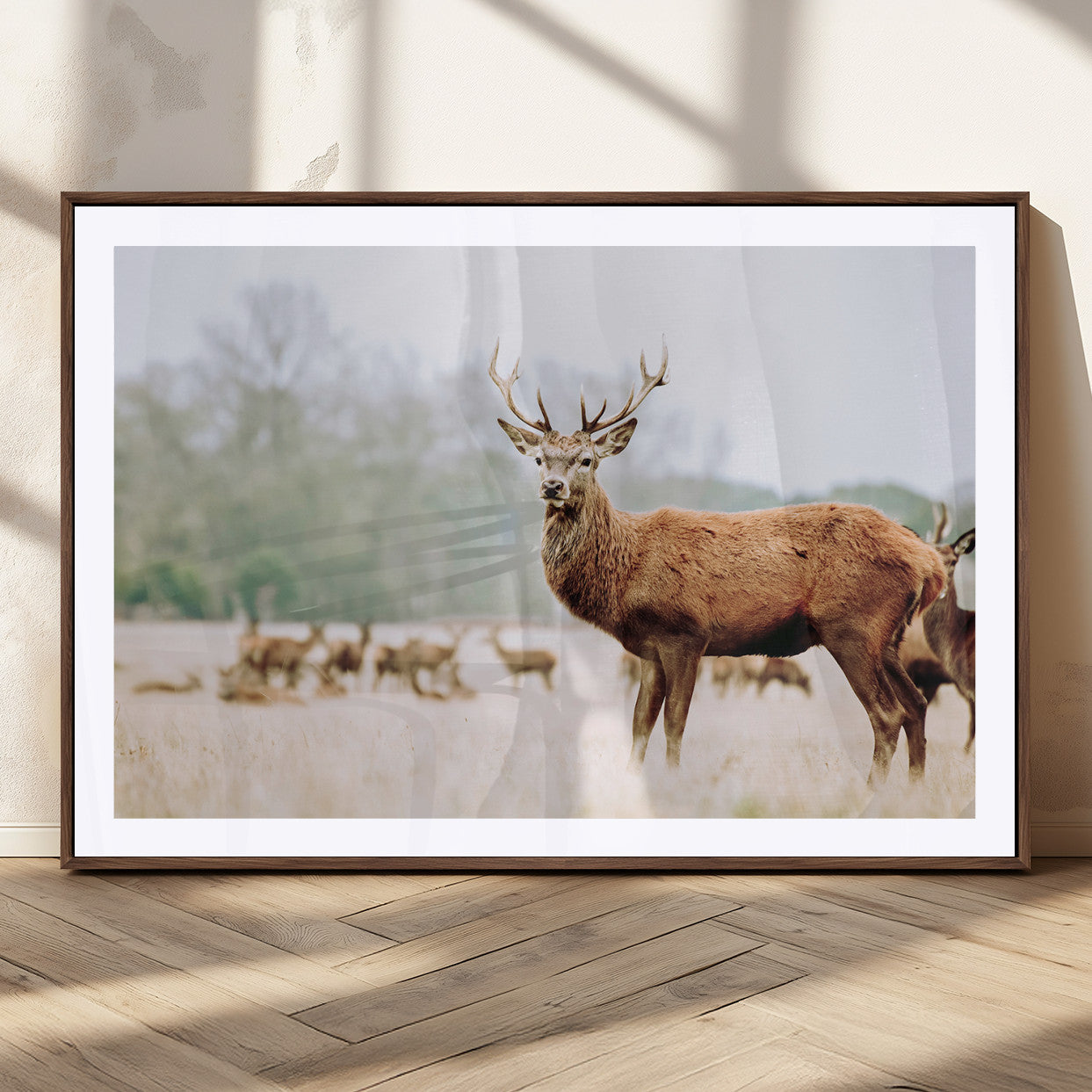 53240224-MGC-FP-36x24_Walnut-Rustic Deer Wall Art Canvas Print – Forest Woodland Stag Nordic Animal Scenic Nature Artwork for Home, Cabin