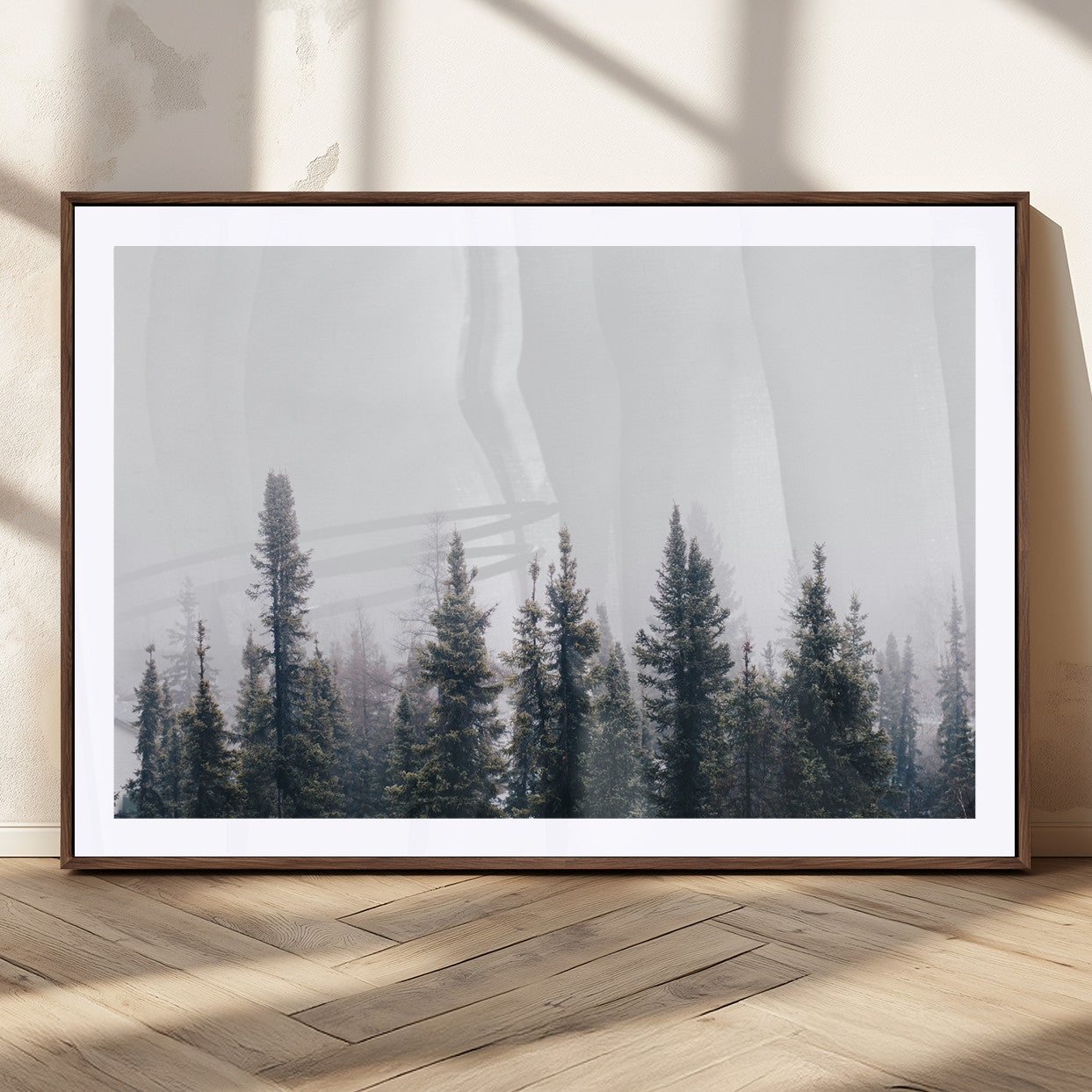 42364796-MGC-FP-36x24_Walnut-Foggy Forest Wall Art Canvas Print – Framed Misty Pines Moody Woodland Nature Scene Artwork for Home Office