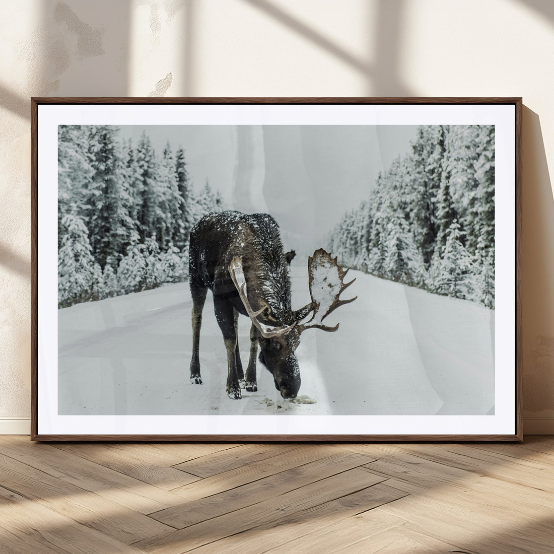 Moose in Snow Wall Art Canvas Print, Framed Winter Wildlife Art, Snowy Forest Rustic Lodge Decor