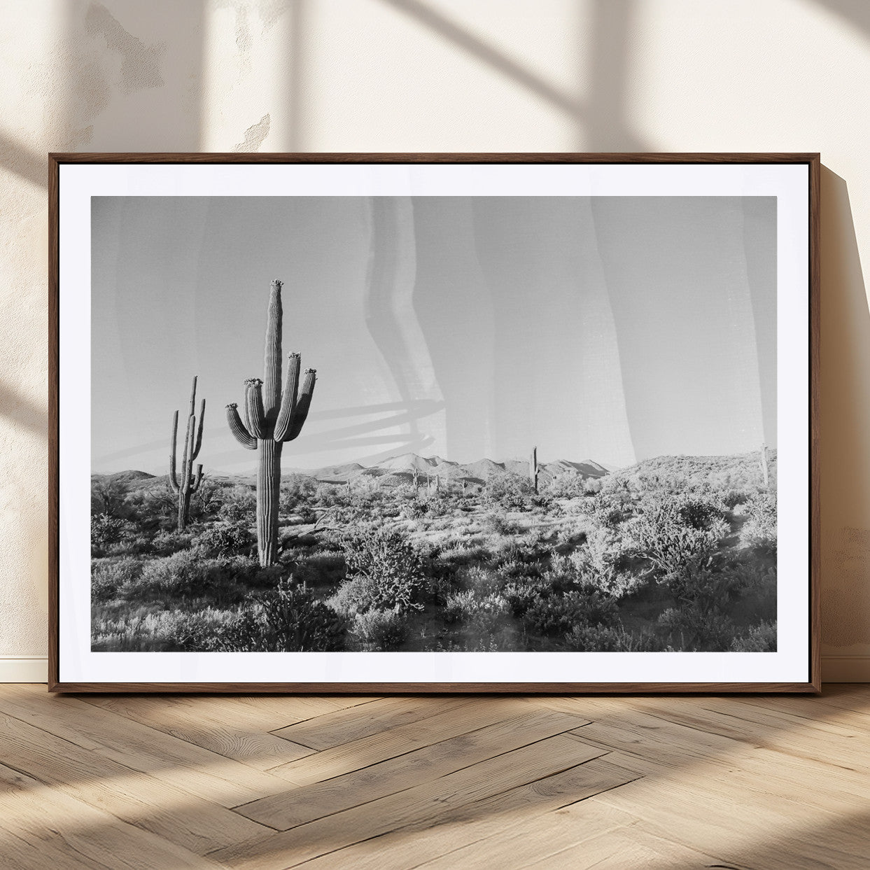 85205054-MGC-FP-36x24_Walnut-Saguaro Cactus Wall Art Canvas Print – Framed Monochrome Landscape Scenic Arizona Minimalist Western Artwork for Home, Office