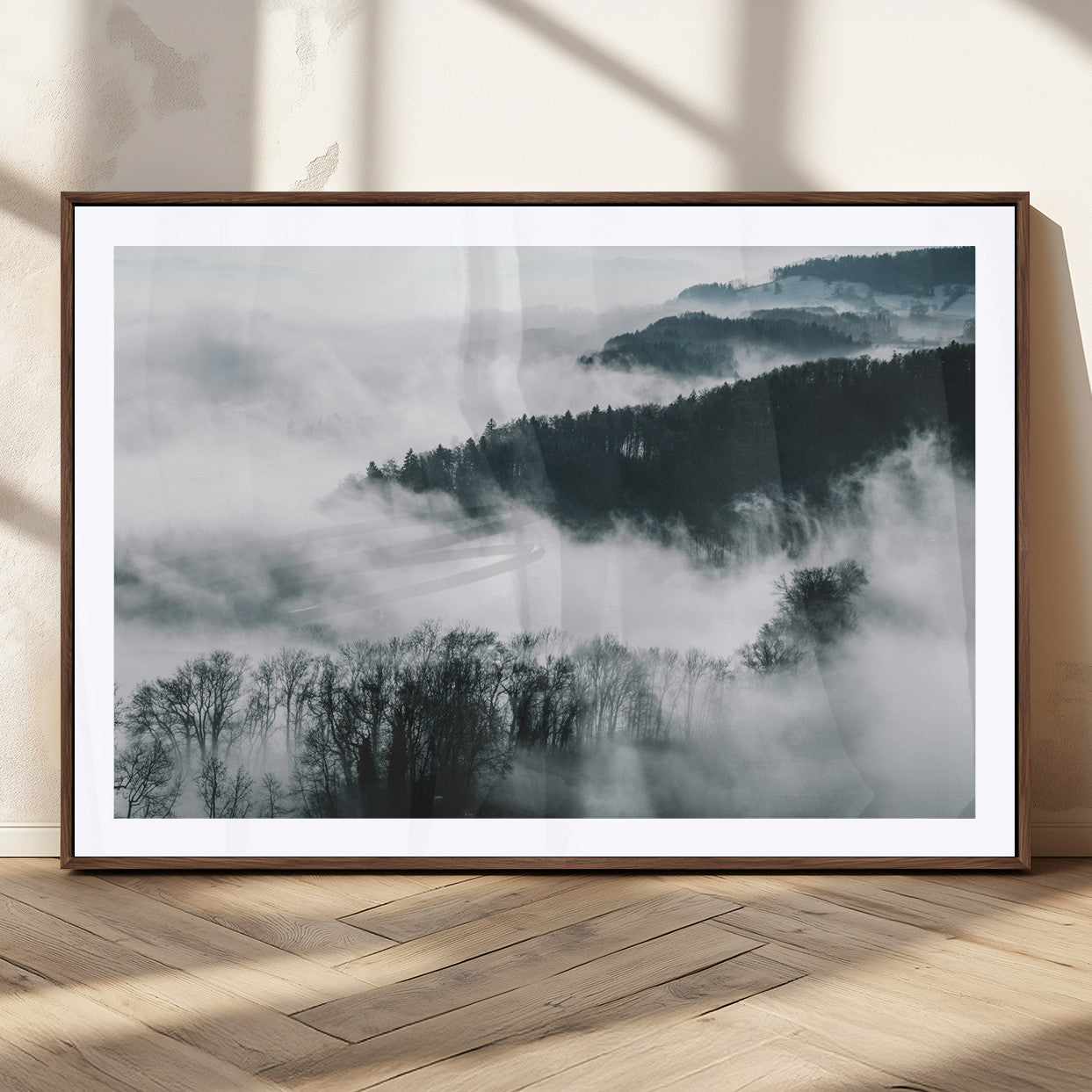 67569654-MGC-FP-36x24_Walnut-Foggy Forest Landscape Wall Art Canvas Print – Misty Mountain Valley Scene Monochrome Tones Nature Artwork for Home Office