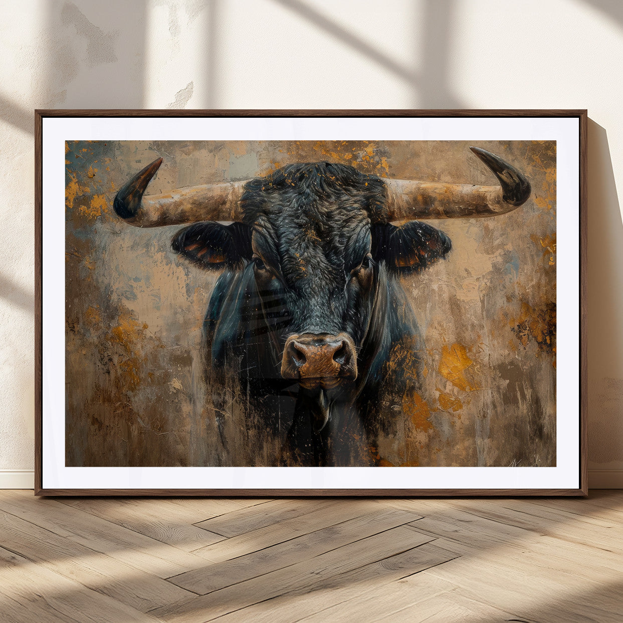 91615410-MGV-CV-36X24 - Abstract Texas Longhorn Bull Wall Art – Rustic Farmhouse Canvas Print, Western Cabin Style Decor, Large Animal Artwork for Living Room or Office