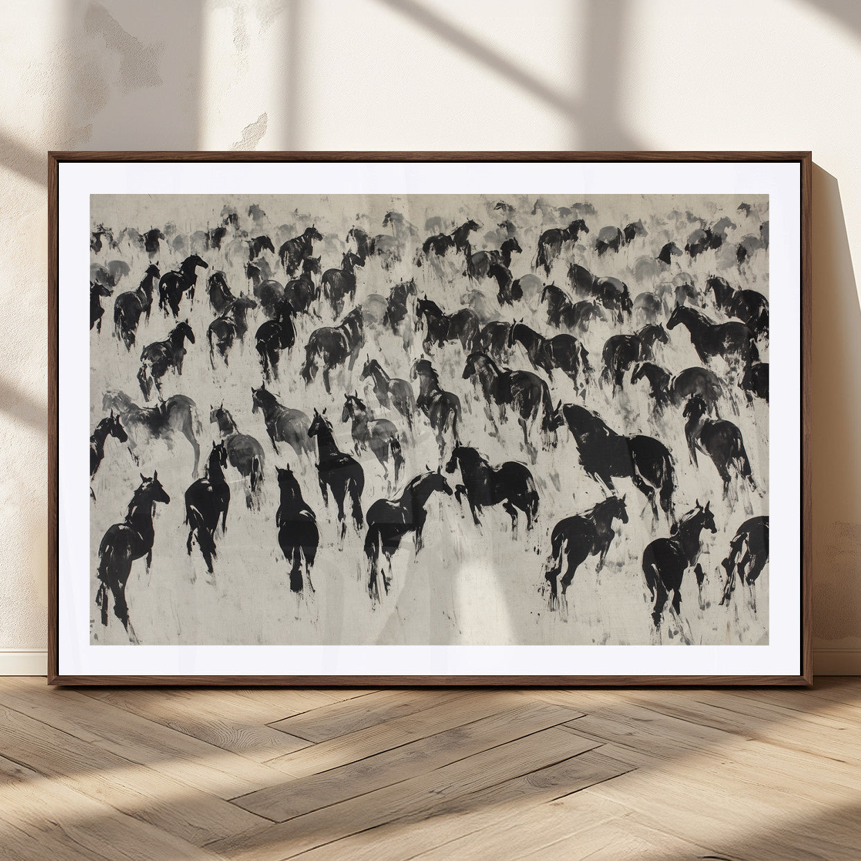 29265745-MGC-FP-36x24_Walnut-Wild Horse Stampede Wall Art Canvas Print – Monochrome Running Horses Dynamic Motion Elegant Scene Artwork for Home, Office