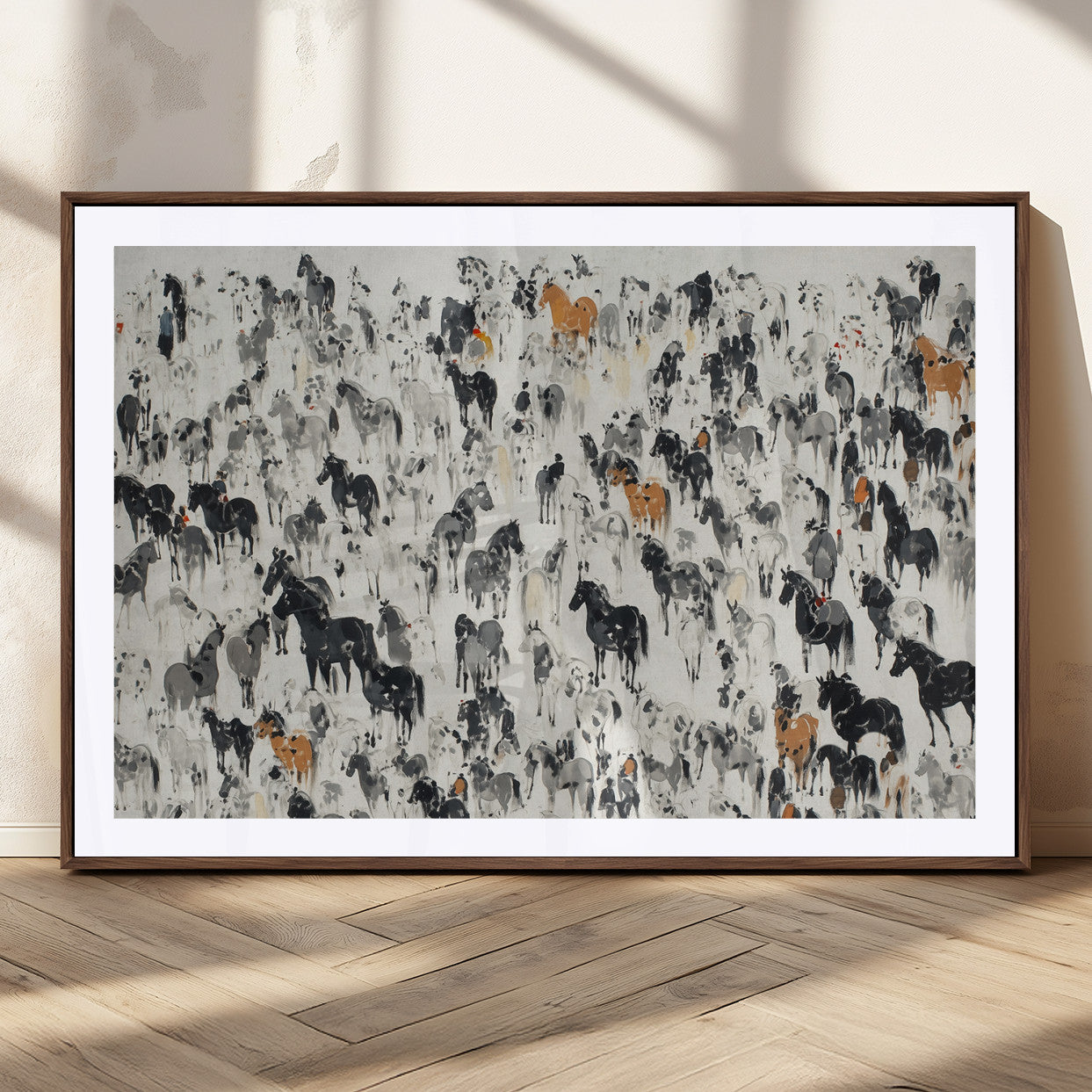 56463722-MGC-FP-36x24_Walnut-Wild Horse Stampede Wall Art Canvas Print – Monochrome Running Horses Dynamic Motion Elegant Scene Artwork for Home, Office