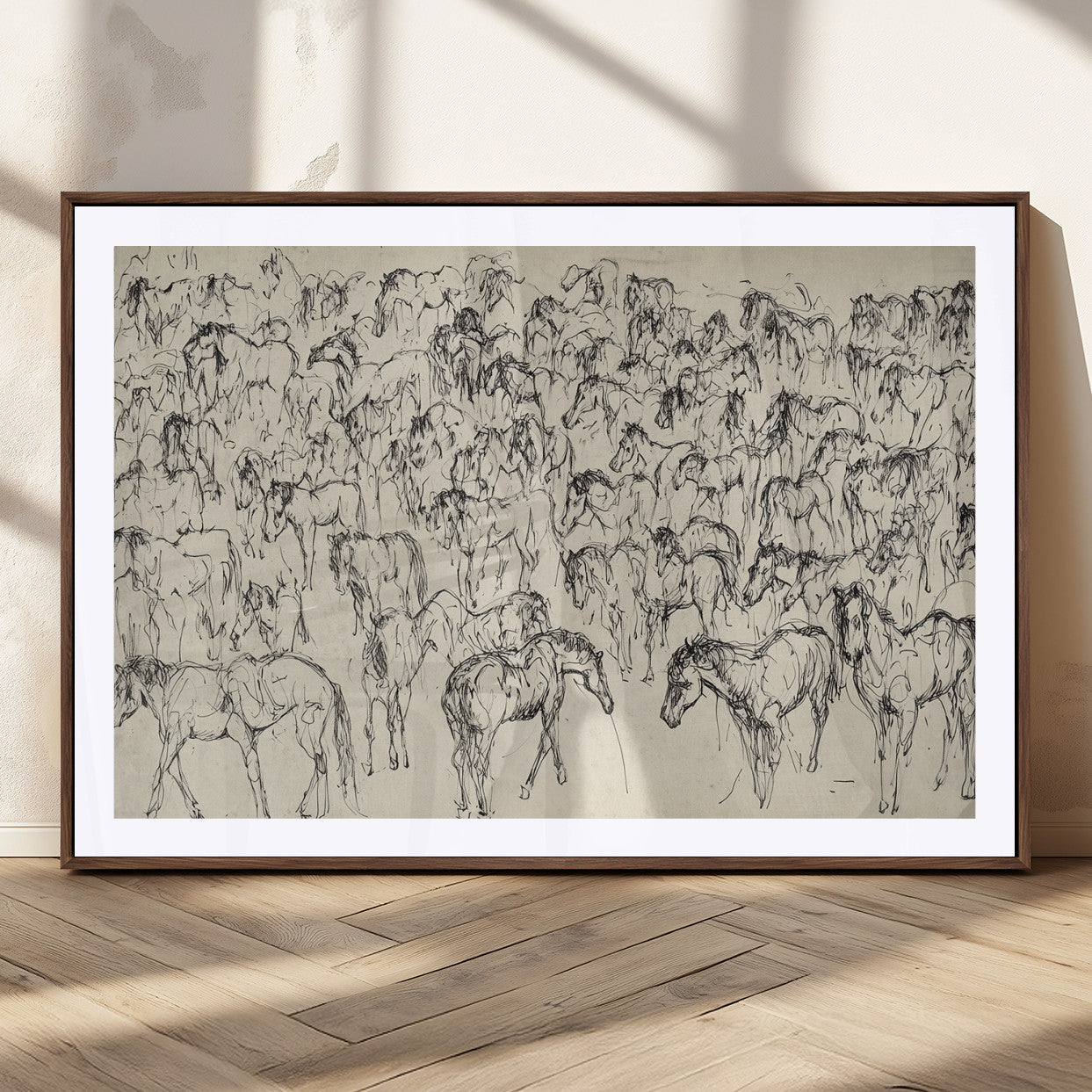 86653927-MGC-FP-36x24_Walnut-Wild Horse Stampede Wall Art Canvas Print – Monochrome Running Horses Dynamic Motion Elegant Artwork for Home, Office