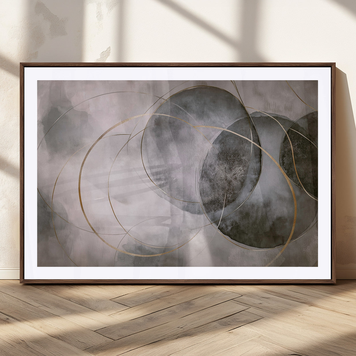 20066876-MGC-FP-36x24_Walnut-Abstract Grey Gold Circle Wall Art – Modern Geometric Canvas Artwork, Minimal Elegant Design, Luxury Wall Decor for Home, Office