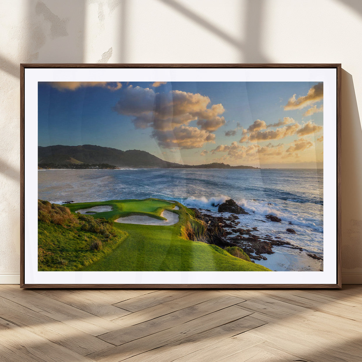 50107048-MGC-FP-36x24_Walnut-Pebble Beach Golf Links Wall Art Canvas Print – Iconic Coastal Golf Course Artwork for Home, Office, Living Room
